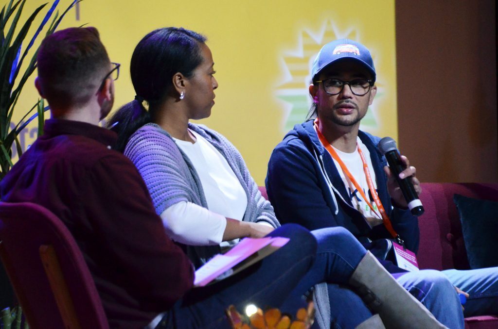 Sean Null, Erkios Systems, right, with Austin Barnes, Startland News, and Carlanda McKinney, Raaxo; Global Entrepreneurship Week Kansas City 2018
