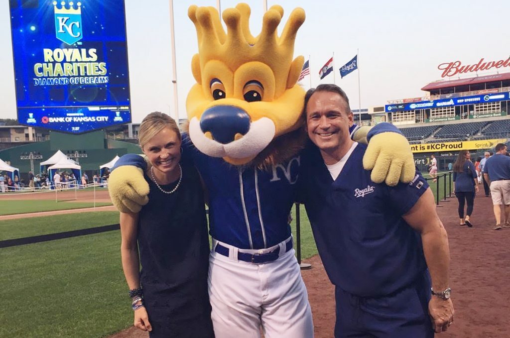 Natalie and Bill Busch, TiScrubs, with the Royals' Sluggerrr