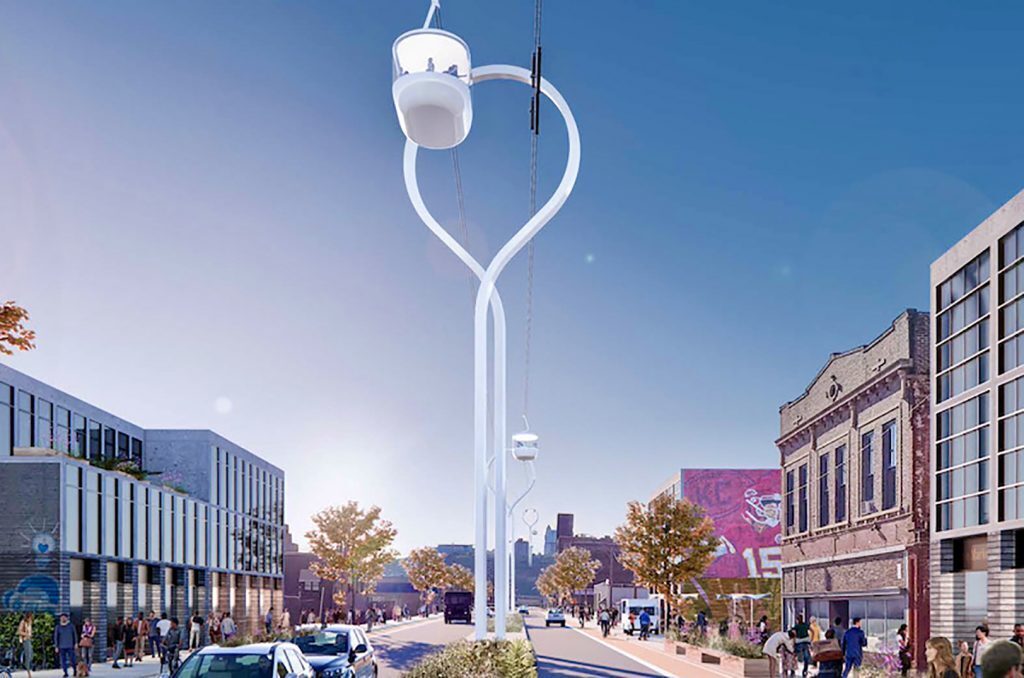 A rendering of how a gondola line could look crossing the West Bottoms at State Line Road and West Ninth Street. (Rendering from SOM/HR&A Advisors report)