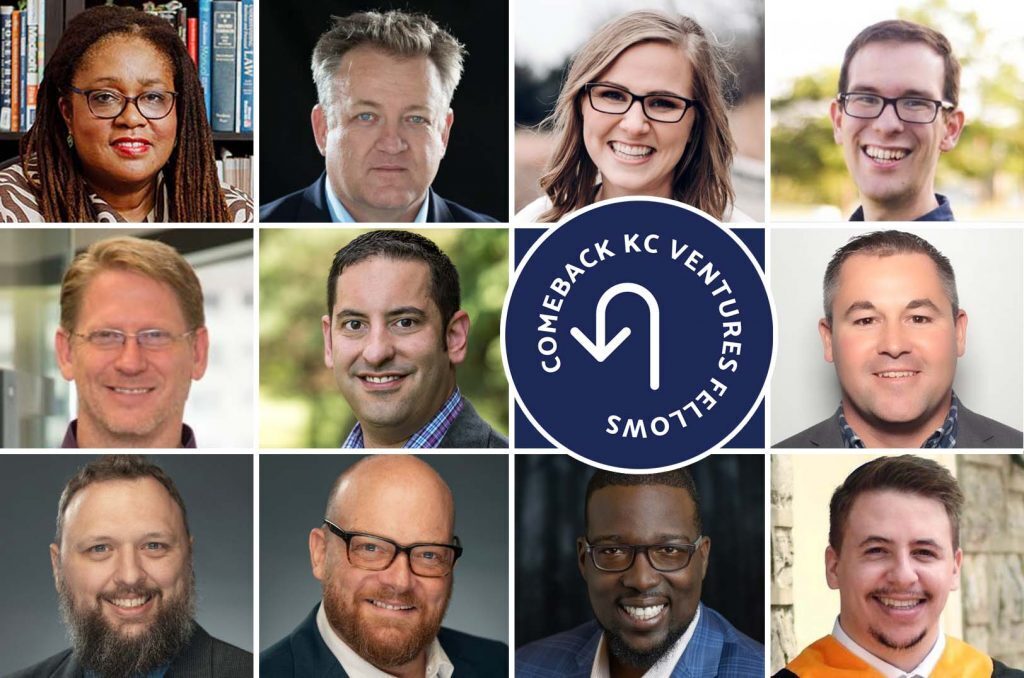 Comeback KC Ventures fellows: top, Dr. Shelley Cooper, Diversity Telehealth and Come On Now!, Ryan Grobler, IAQuality, Jill and Justin Bertelsen, Bertelsen Education and Crib Coaching; middle, Joel Stephens and Brandon Fuhr, XReps, John Black, MediView; bottom, Martin Bukowski and Eliot Arnold, Moodspark, Quest Moffat and Alejandro Andrade Salazar, Kadogo