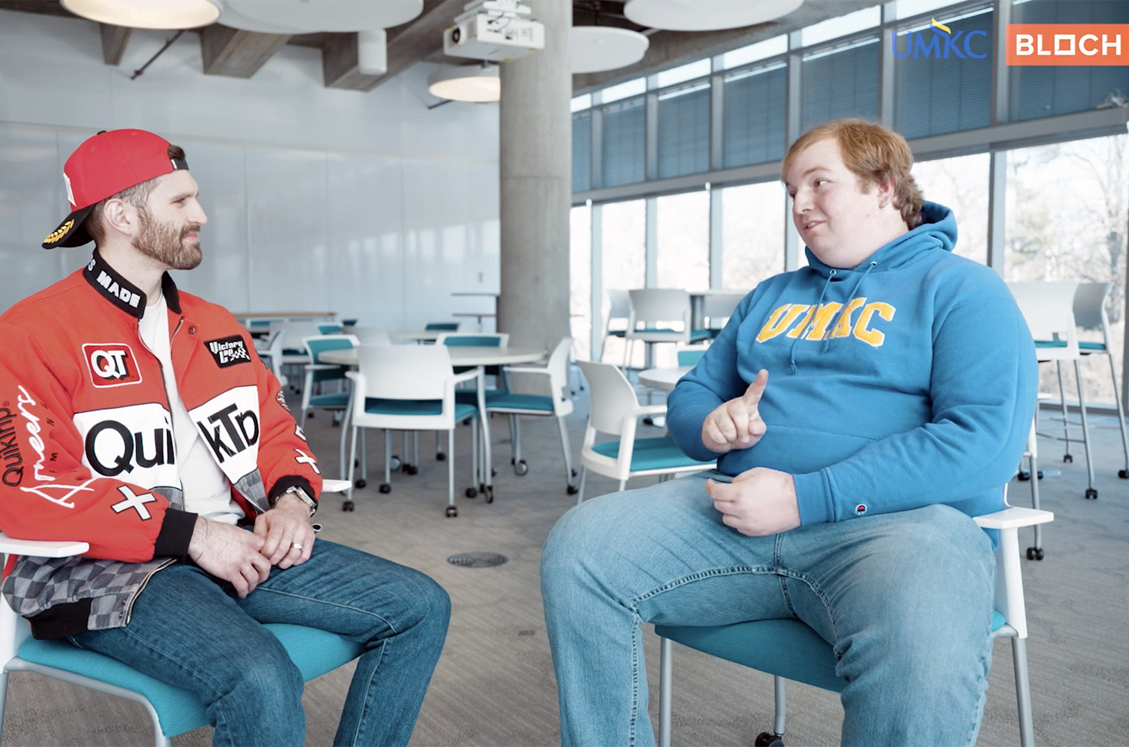 Andrew Bates, right, talks about the origins of his side hustle, Flame N' Go Collectibles, with Sam Kulikov for the UMKC Student Venture Series podcast; courtesy image
