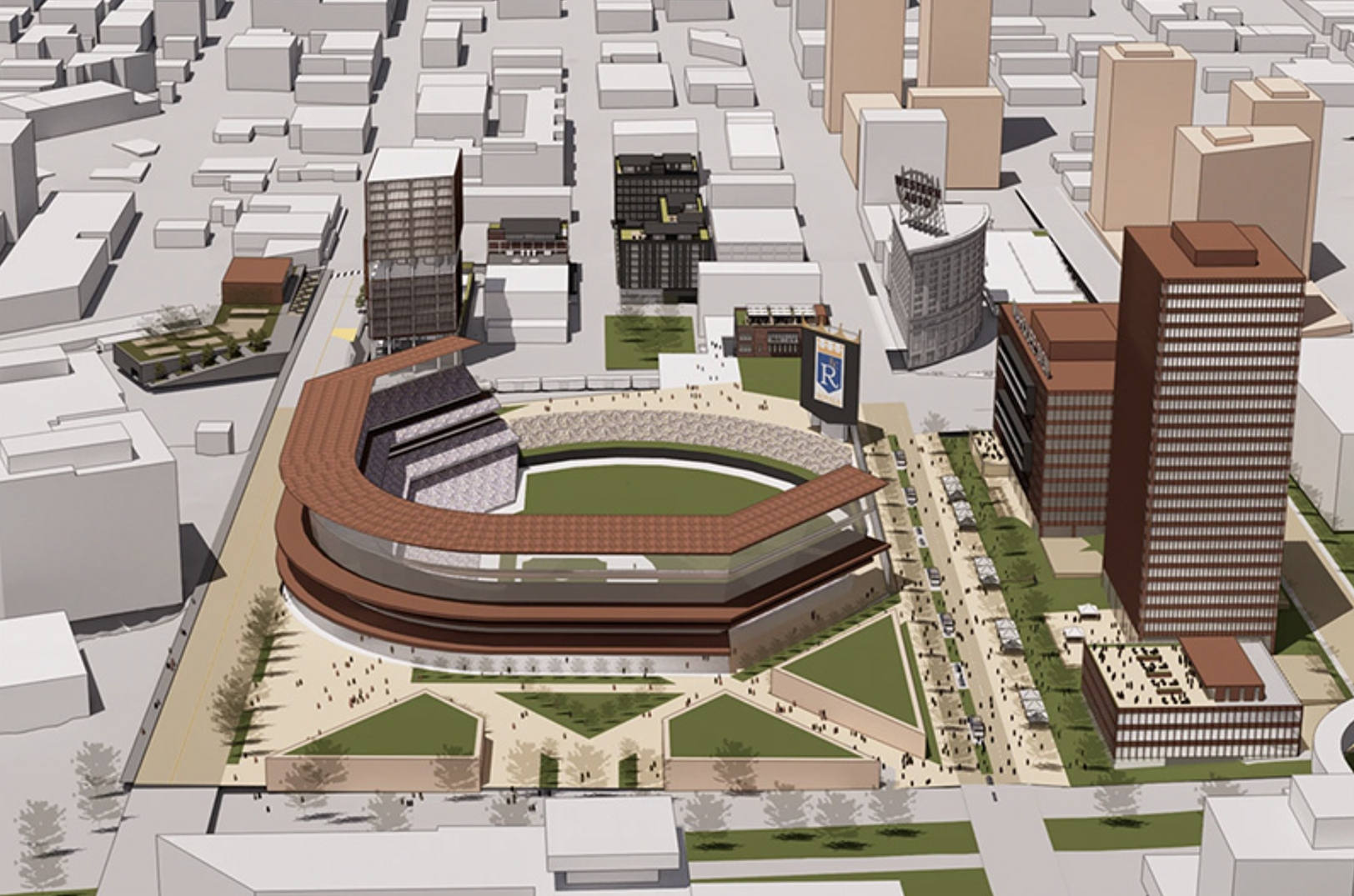 A rendering shows a possible Royals ballpark on the current site of Washington Square Park, near Kansas City's Union Station and Crown Center; image courtesy of the Downtown Council