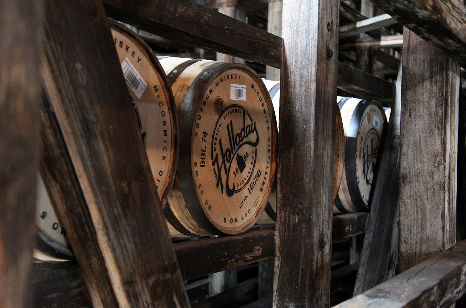 Bourbon barrels inside the barrel house at Holladay Distillery; courtesy photo