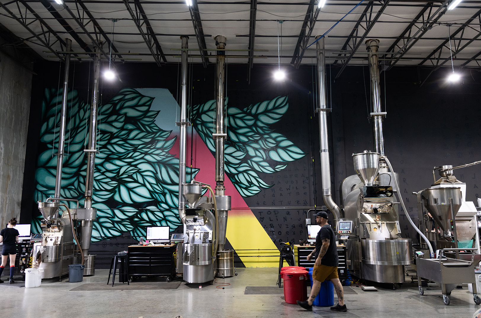 Mural by B Line Dot inside the Raleigh, North Carolina roasting facility for Black & White Coffee Roasters; photo by Jenn Hall Sweatte