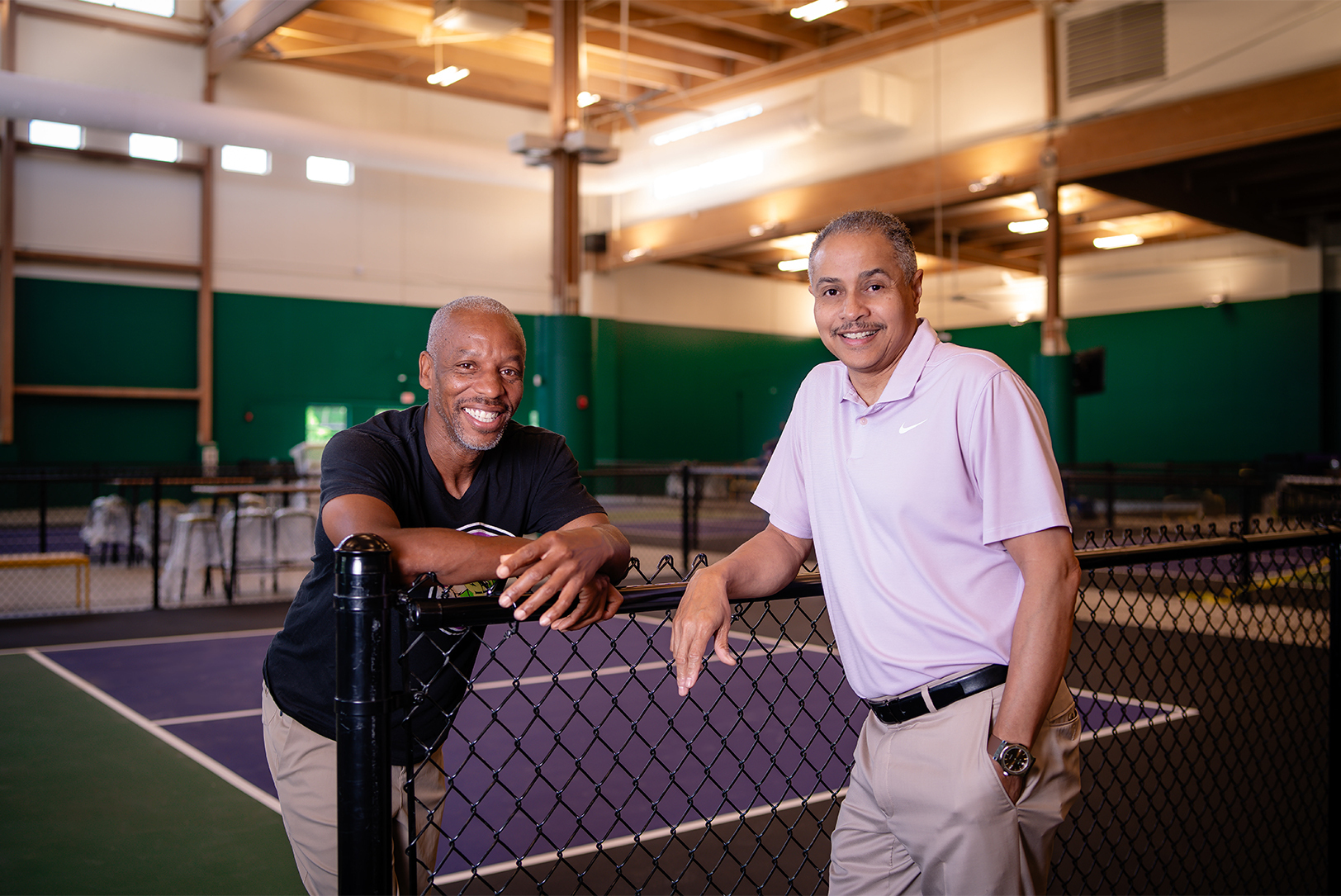 Daryl Wyatt, SW19 Pickleball, and Emmet Pierson Jr., Community Builders of Kansas City (CBKC), at the new SW19 at the Stadium facility; photo by Darrien Case