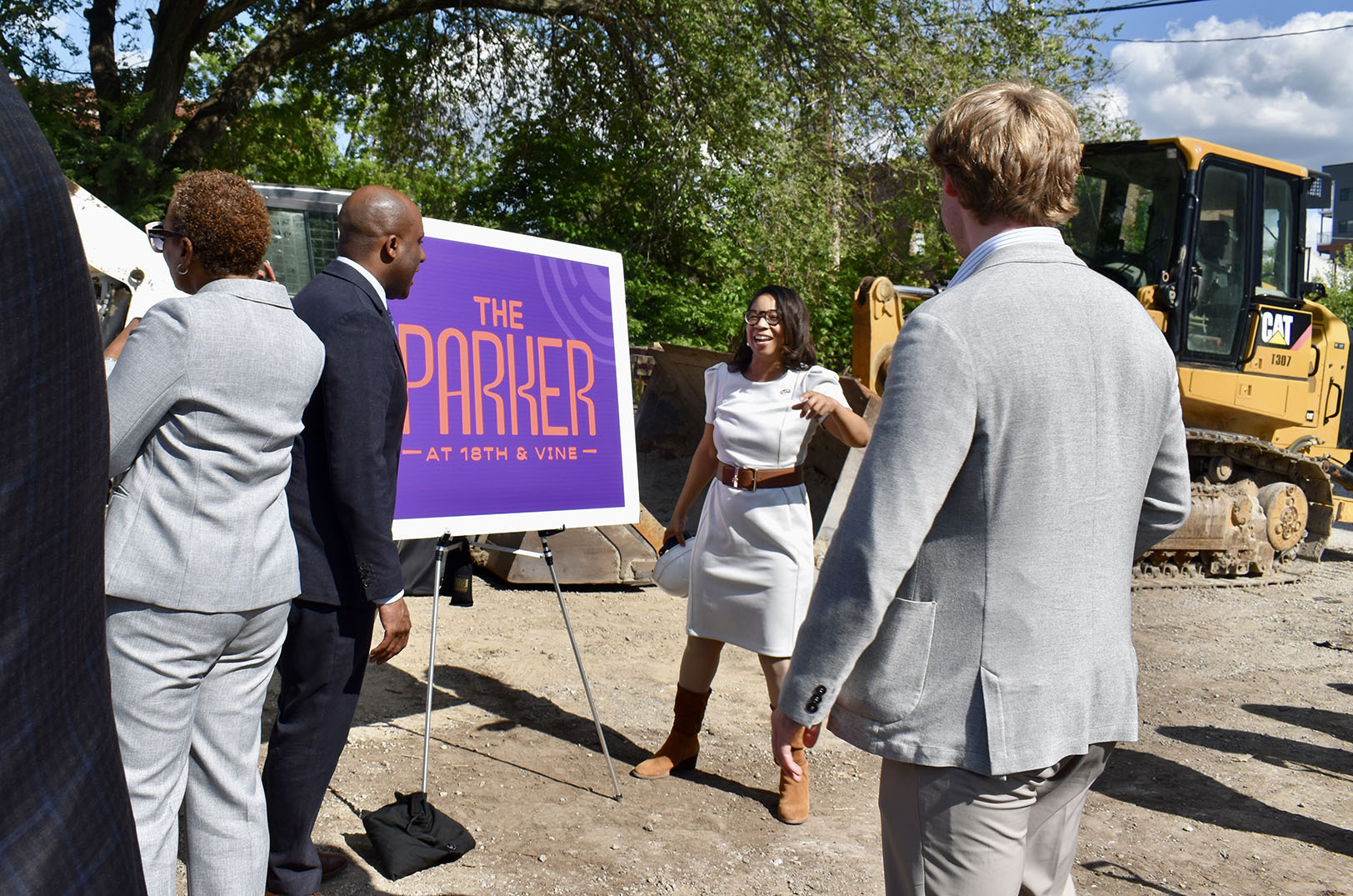 Kansas City Mayor Quinton Lucas laughs with Councilwoman Melissa Patterson Hazley during a groundbreaking event for The Parker in Kansas City's historic 18th & Vine Jazz District; photo by Nikki Overfelt Chifalu, Startland News