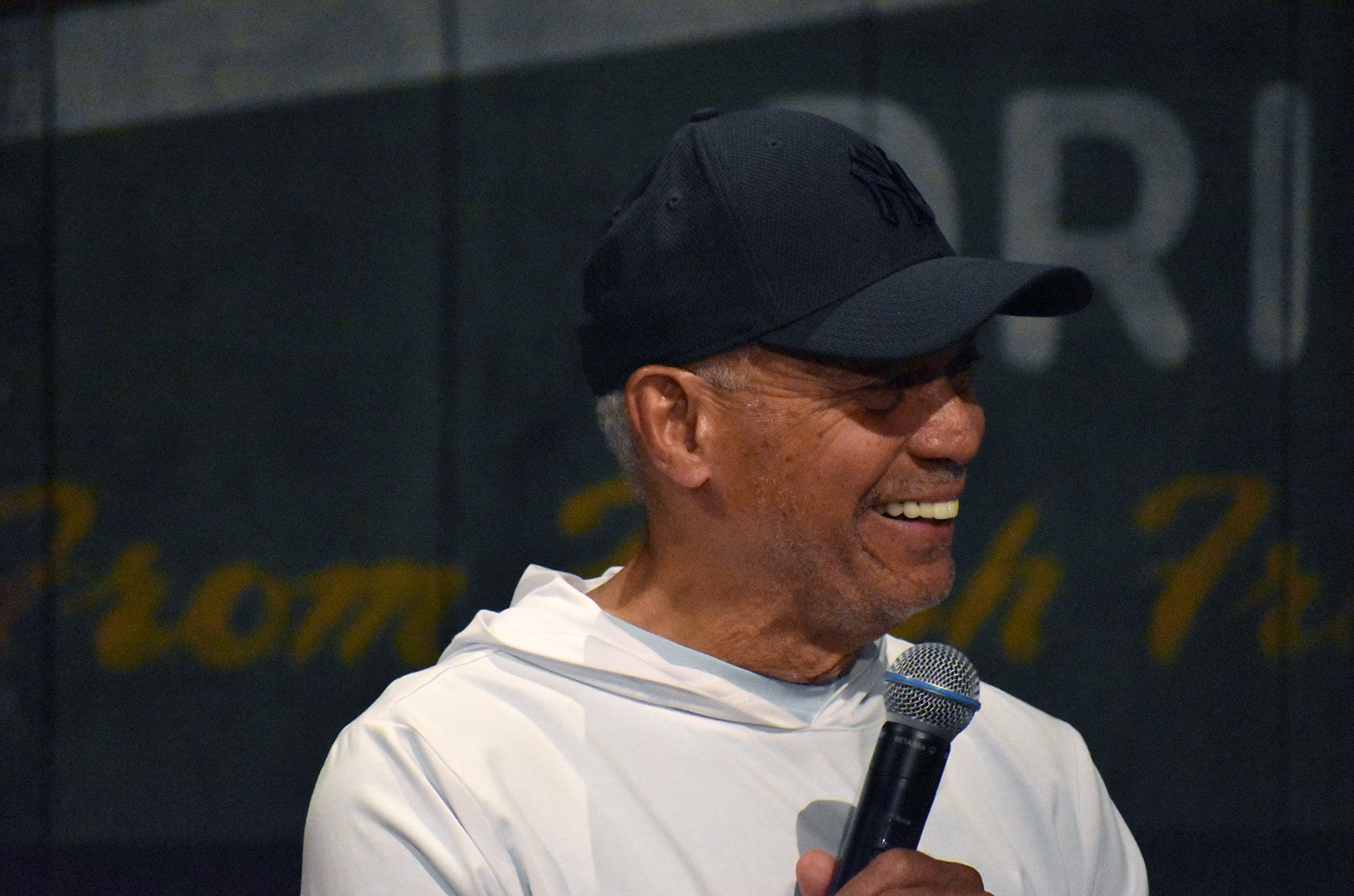 Reggie Jackson, a New York Yankees icon known as “Mr. October”, smiles during an unannounced Q&A session at the Negro Leagues Baseball Museum in Kansas City; photo by Tommy Felts