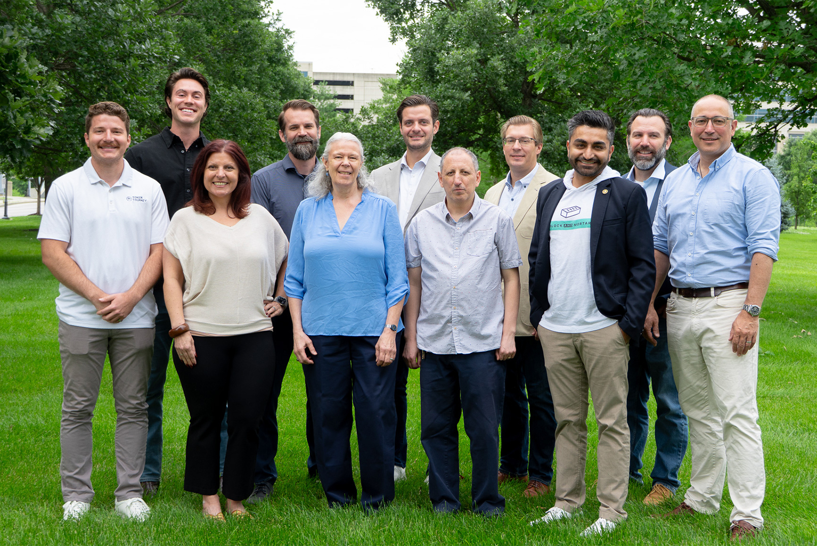 Digital Sandbox KC awardees: from left, Davis Engle and Sam Shortall, TokenTourney; Caralynn Swain and Christian Stallings, Vertical Aspect; Laurie B. Acevedo, Quantum Medical Diagnostics; Chris Palmer, Vertical Aspect; Dr. Luis F Acevedo Hueso, Quantum Medical Diagnosis; Dan Schwarzlander, CIQ Health; Usman Wajid, Block and Mortar; Michael Coggins, Jana; and Daniel Cross, Kete; photo courtesy of Digital Sandbox KC