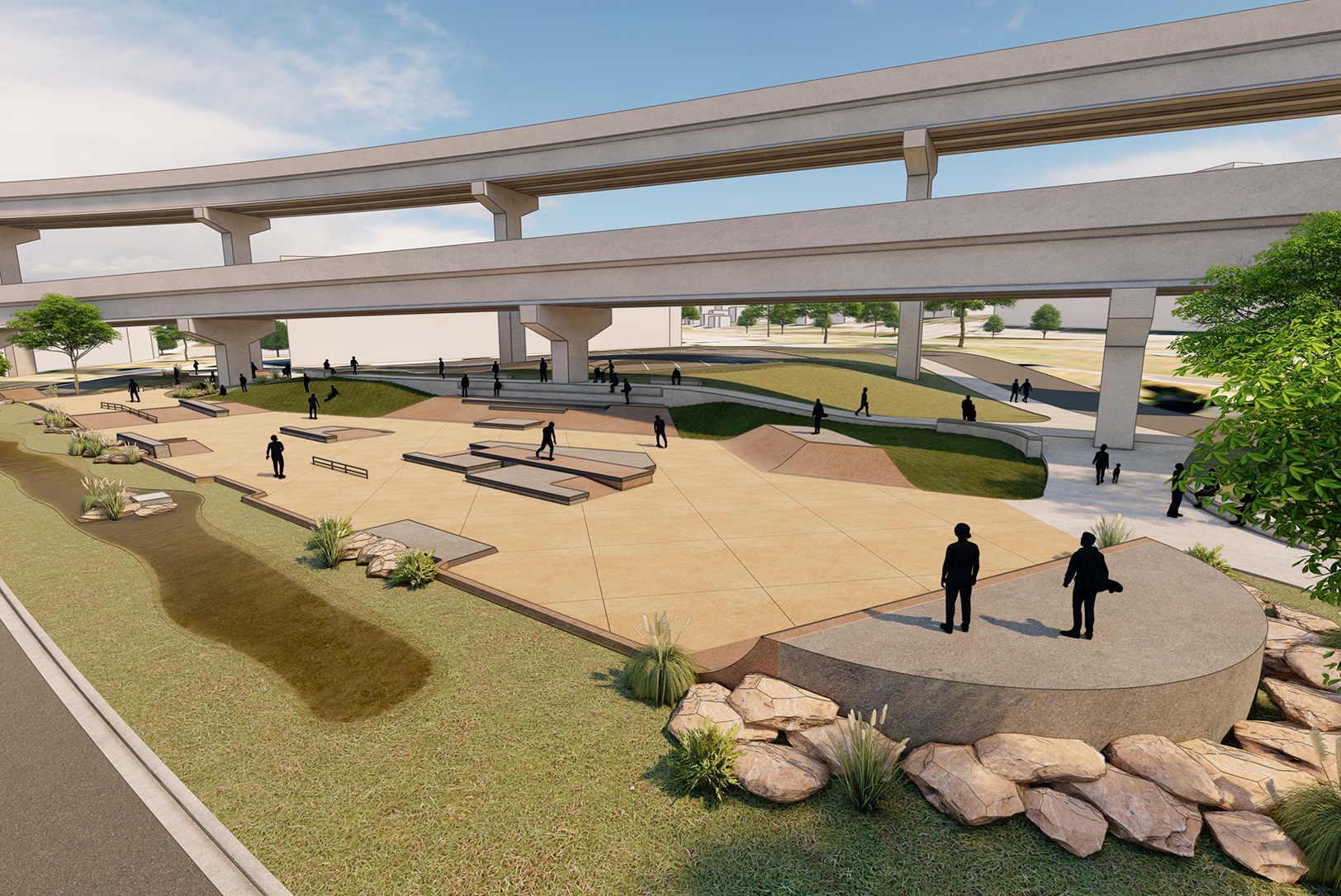 A rendering of a proposed skate park beneath the Buck O'Neil Bridge in Kansas City, Missouri; rendering courtesy of New Line Skateparks