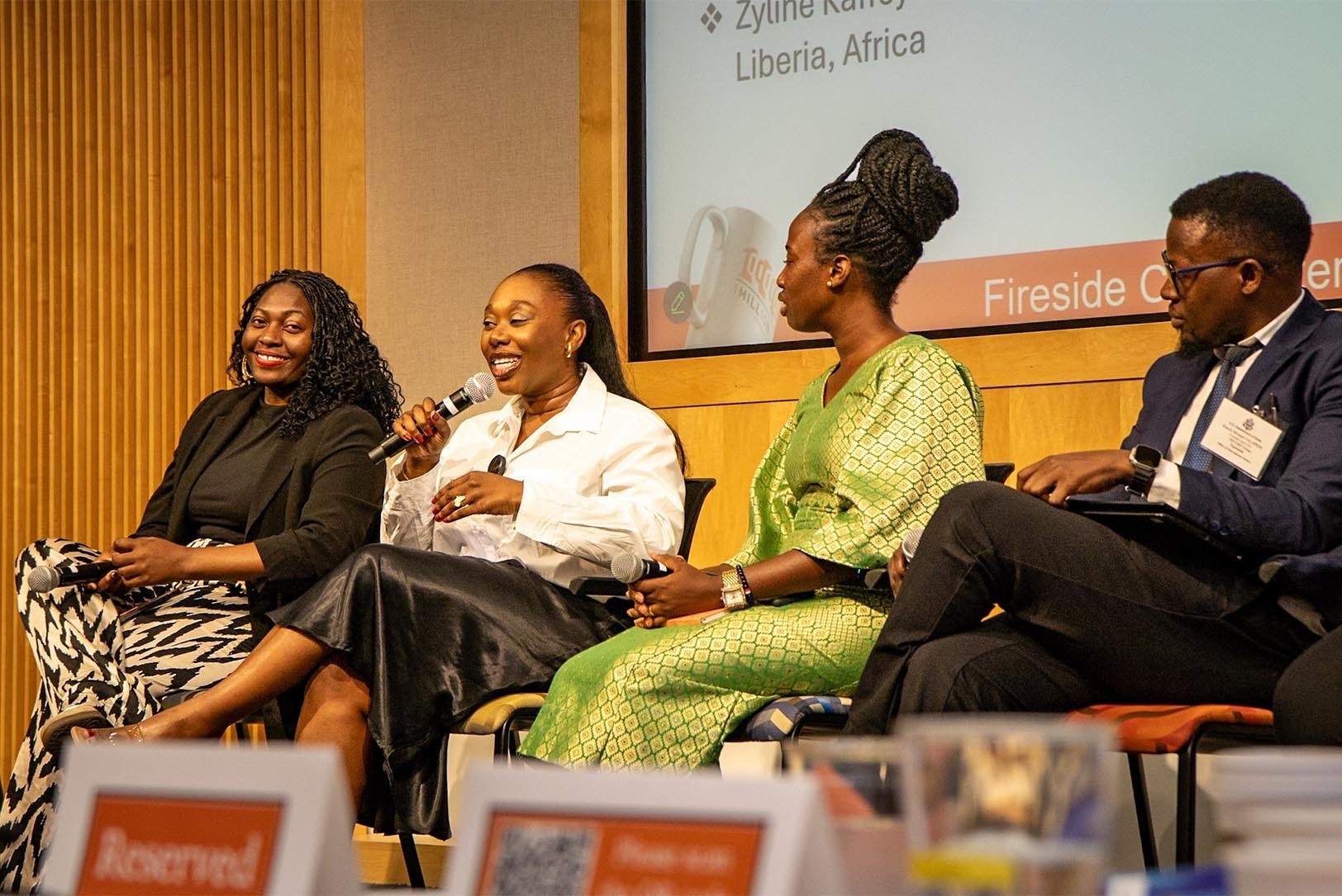 Lucy-Llonna Larbi, a German entrepreneur and leadership expert, speaks during a panel at 1 Million Cups Kansas City at the Ewing Marion Kauffman Foundation; photo by Haines Eason