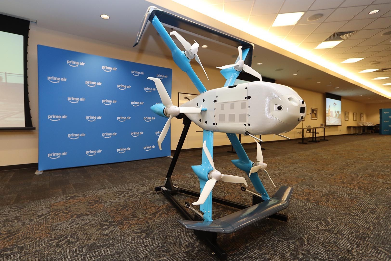 An Amazon Prime Air delivery drone sits on display at a Kansas City press event in August; photo by Haines Eason