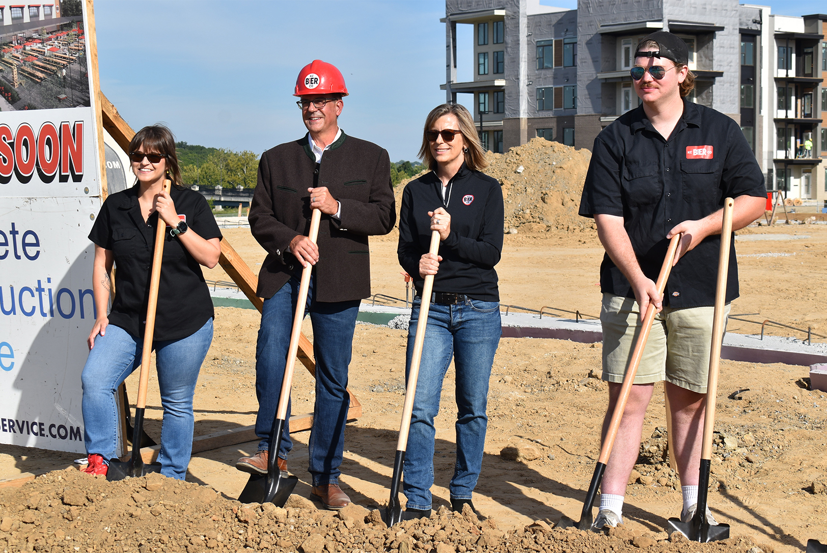 Founder Steve Holle, second from left, and the KC Bier Co. team at a groundbreaking ceremony for the brewery's expansion at at West Star Development's Vista Village district in Lenexa; photo by Taylor Wilmore, Startland News