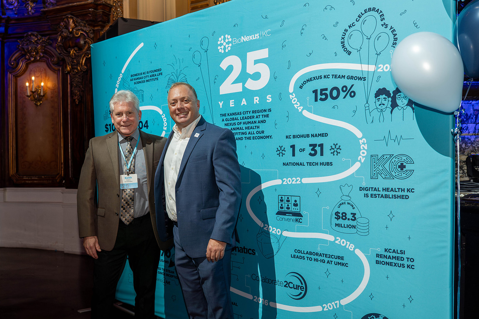 Keith Gary, former vice president of BioNexus KC, poses with Dennis Ridenour, president and CEO of BioNexus KC, in November at a 25th anniversary event honoring BioNexus KC at the Midland Theatre in downtown Kansas City; photo courtesy of BioNexus KC
