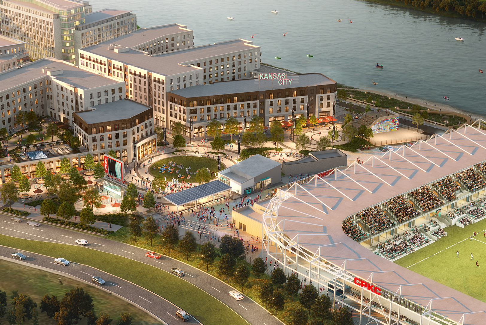 A rendering shows the master vision for the Current Landing mixed-use district on Kansas City's riverfront; rendering courtesy of the Kansas City Current