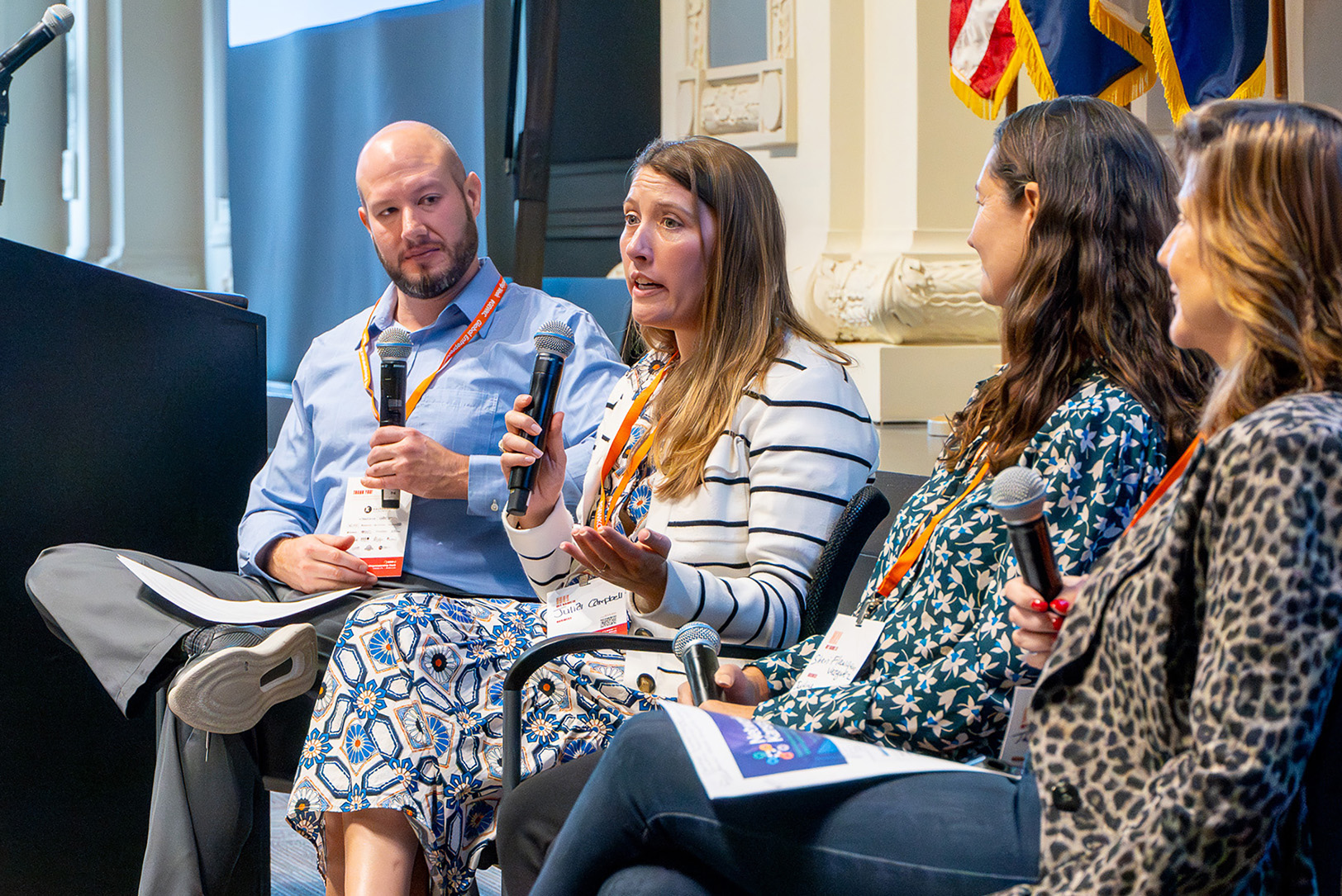 Julia Campbell, deputy director of the Missouri Technology Corporation (MTC), discusses accessing public funds to fund the growth of startups and small businesses during a November 2025 GEWKC panel conversation at Union Station; photo by Ayleen Bashir, KCSourceLink, UMKC Innovation Center