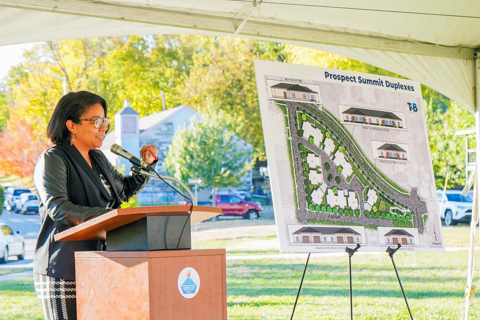 KCMO Councilwoman Melissa Patterson Hazley speaks in November at a groundbreaking event for the Prospect Summit Duplexes, a project supported by the Central City Economic Development (CCED) Sales Tax Program; photo by Brian Escobar, EDCKC