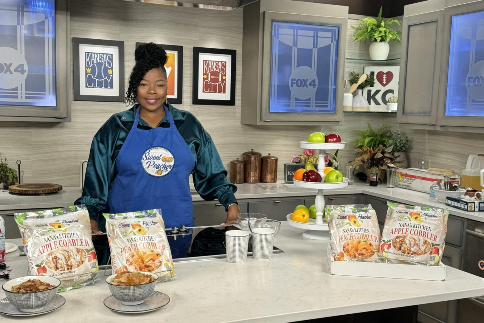 Denisha Jones, founder of founder of Sweet Peaches Cobblers, promotes her frozen cobblers during a kitchen demo on FOX 4; courtesy photo