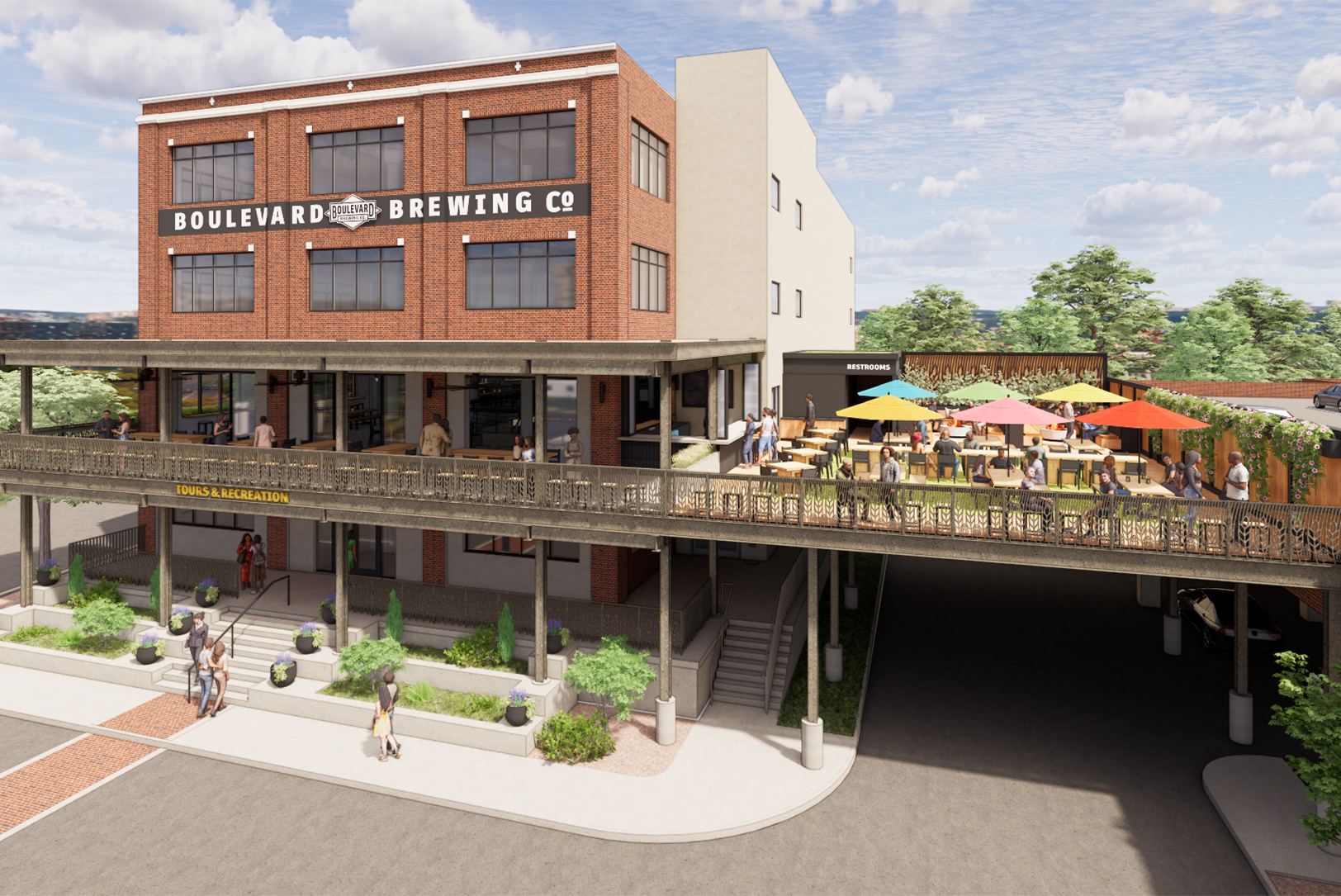Rendering of the Boulevard Yard space at Boulevard Brewing Co.; renderings by Helix Architecture + Design