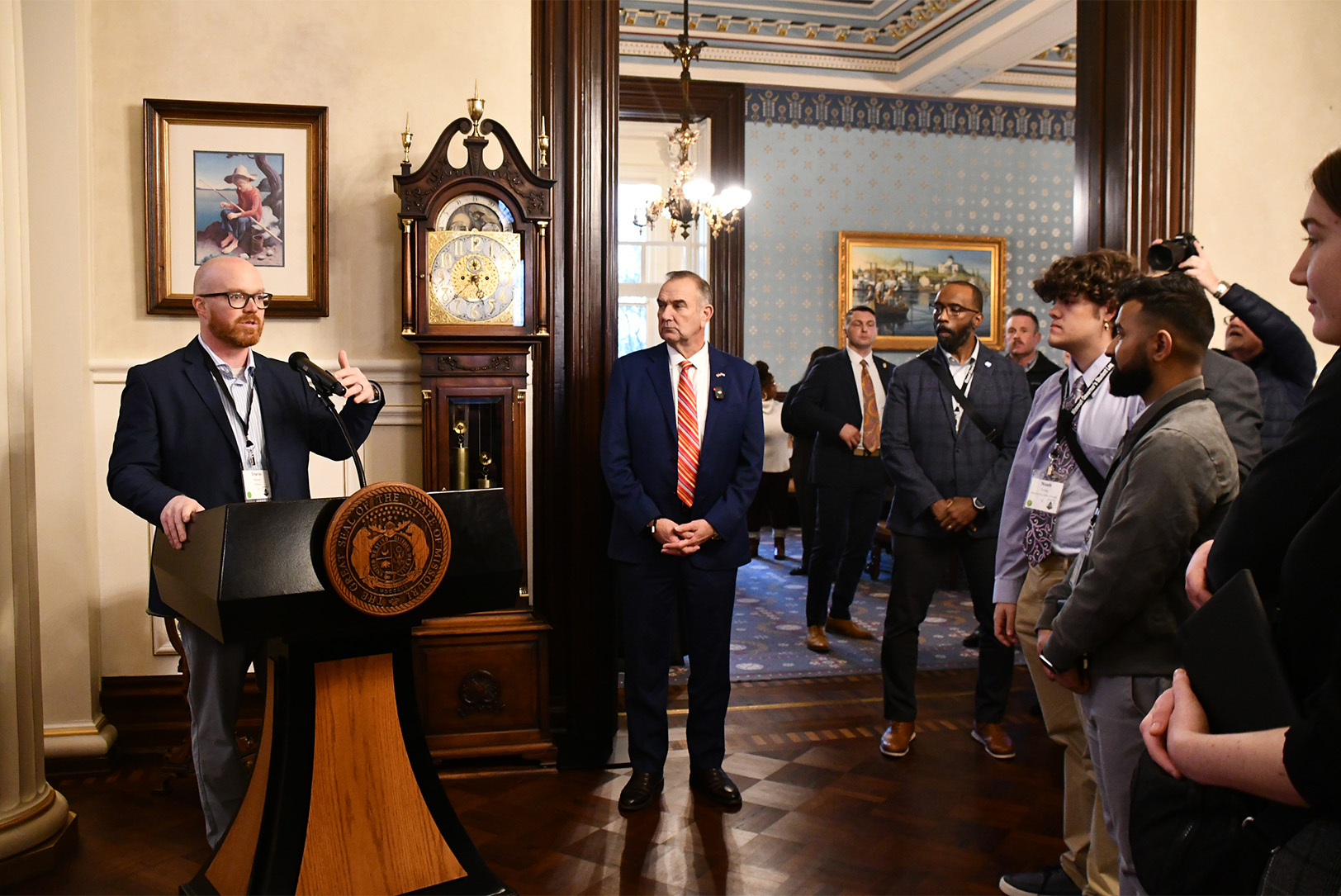 Missouri State Sen. Travis Fitzwater, R-Fulton, speaks alongside Gov. Mike Kehoe in mid-February in Jefferson City; photo courtesy of the Office of Mike Kehoe