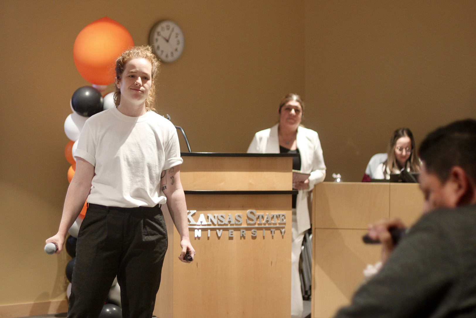 Zoe Mays, founder of Scream Queens, takes questions from judges during the Food Biz Con pitch competition at K-State Olathe; photo by Nikki Overfelt Chifalu, Startland News