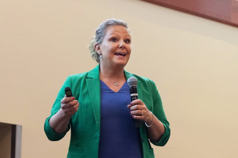 Romy Carlson, founder of Enrichly, pitches her startup during the 2025 InvestMidwest conference in St. Louis; photo by Joseph Richardson, courtesy of InvestMidwest