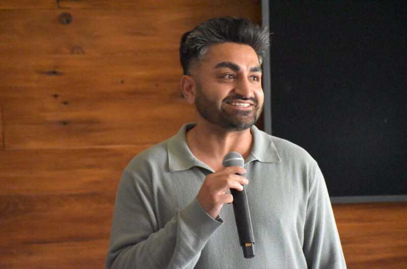 Usman Wajid, Block and Mortar, speaks during a March launch event for hi startup; photo by Taylor Wilmore, Startland News