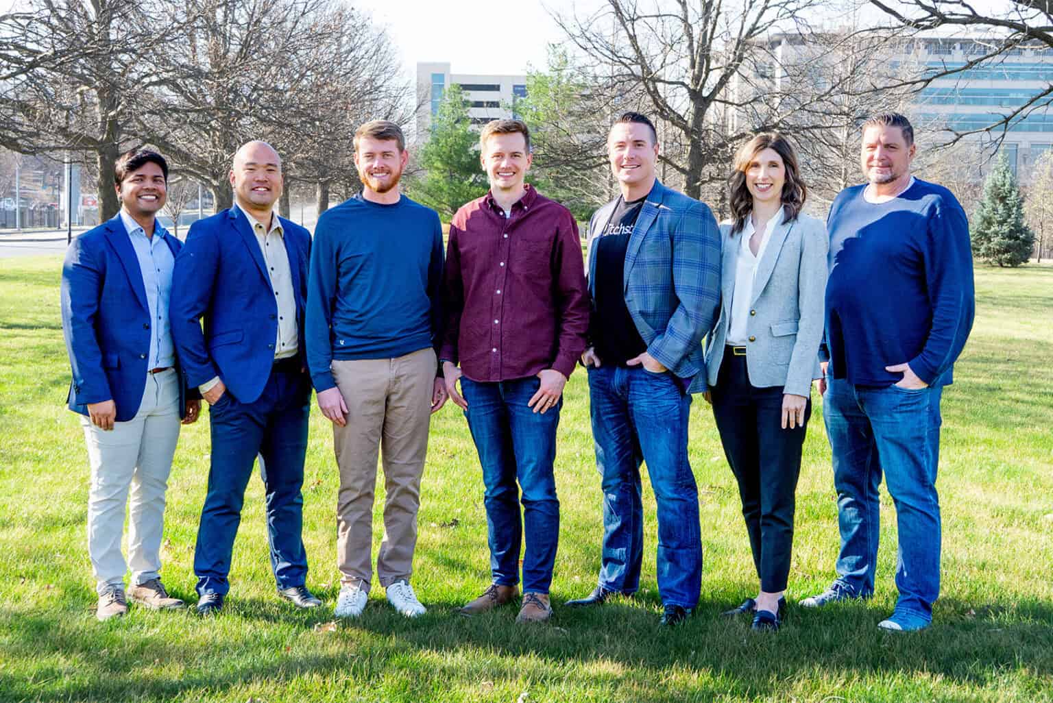 Digital Sandbox KC Q1 awardees: Allwyn John Kancherla, WynPhos Systems; Phillip Ko, Rumio; Kyle Blackman and Brandon Blackman, Prefrd; Fielding Brenner, Pitchster; Sarah R. Cox, Aurexus Health; and Bill Swearingen, SixCyber; photo courtesy of UMKC Innovation Center