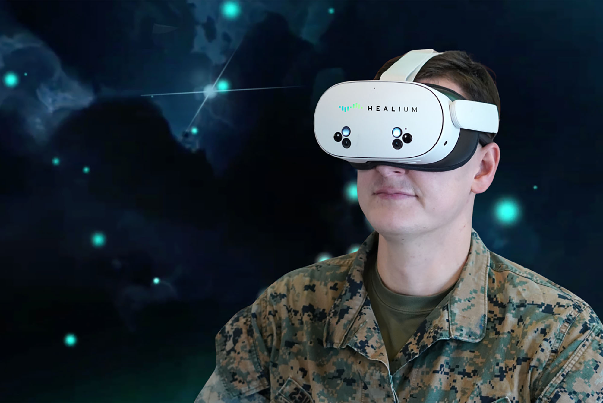 A photo illustration shows Healium VR goggles worn by a veteran; courtesy image