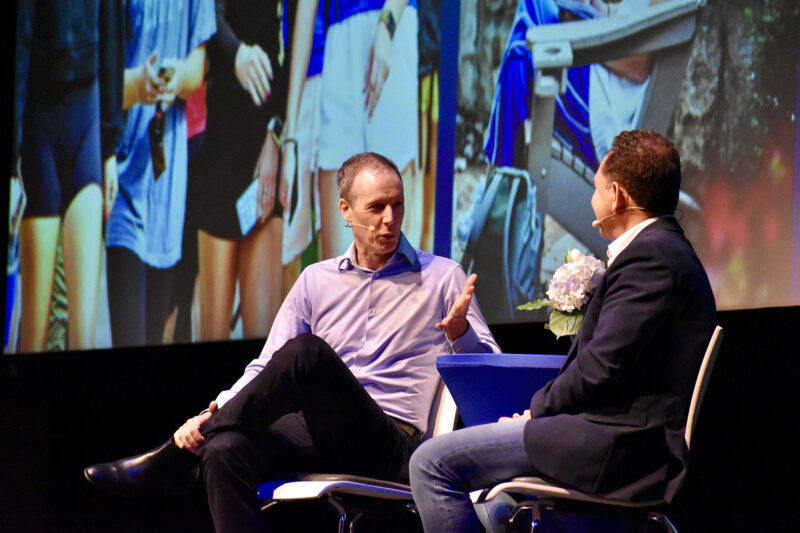 Jim McKelvey, founder of Block (formerly Square), speaks with Peter Mallouk, CEO of Creative Planning, during a fireside chat-style conversation at the Kauffman Center for the Performing Arts during the Rockhurst University Leadership Series; photo by Nikki Overfelt Chifalu, Startland News