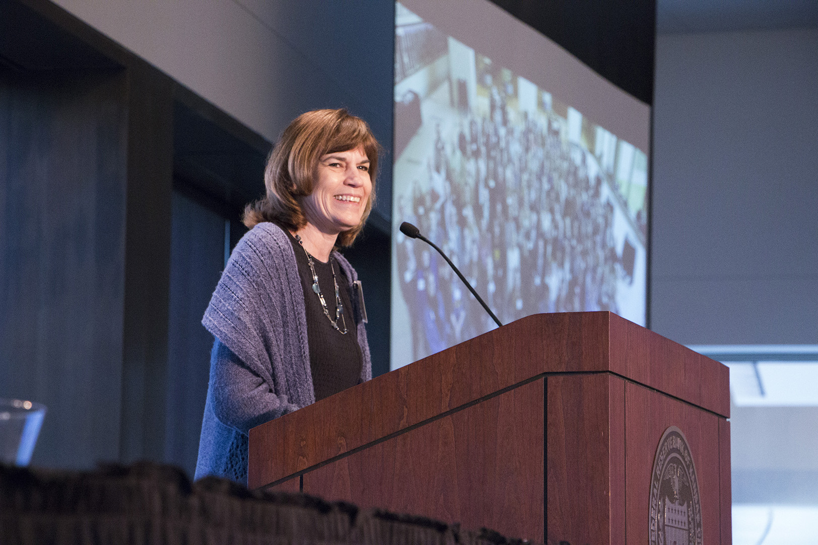 Maria Meyers speaks during the 2018 Growing Entrepreneurial Communities Summit at the Federal Reserve of Kansas City; photo courtesy of UMKC Innovation Center