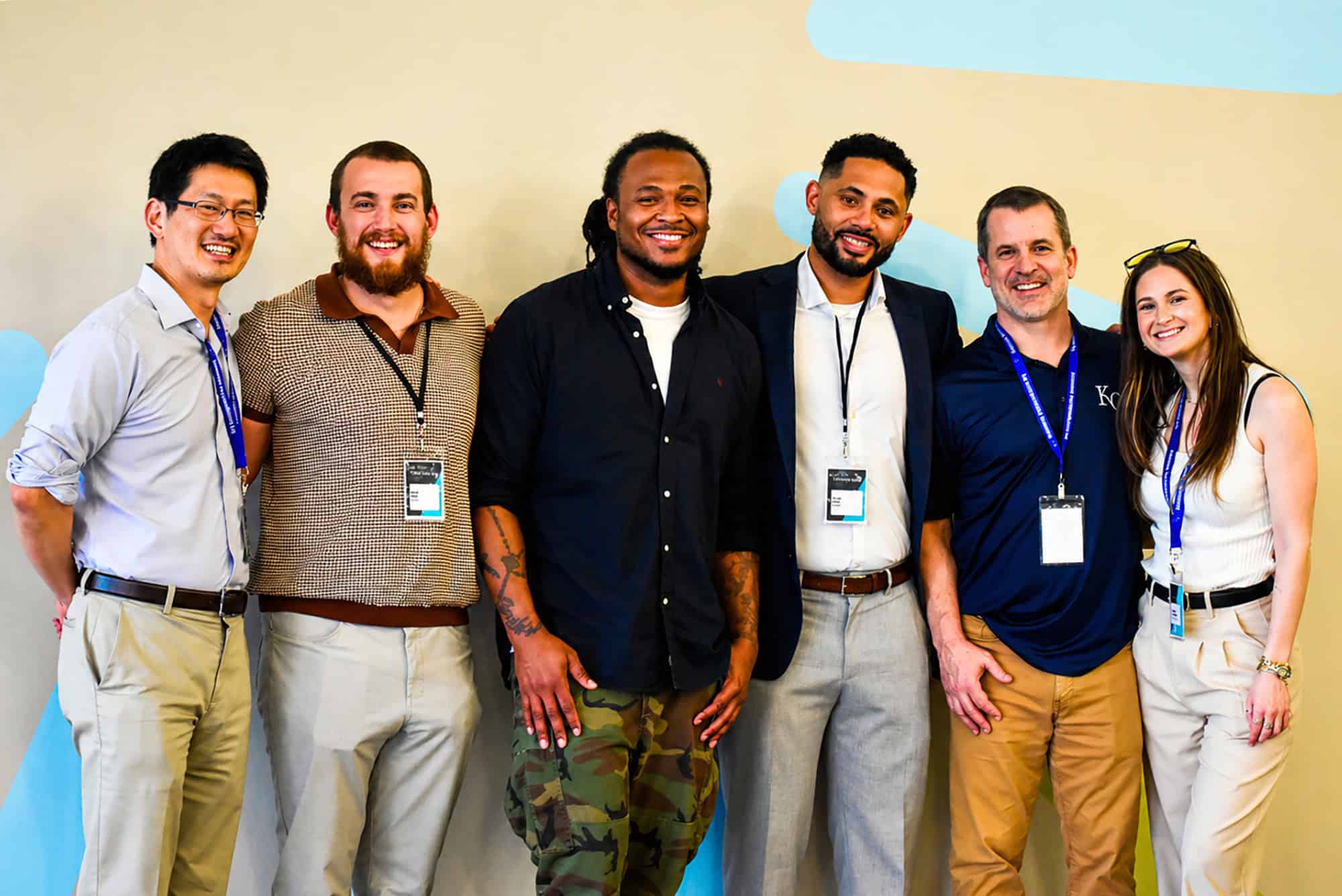 OnRamp organizers Steve Yang, director of partnerships, Keystone Innovation District; Matthew Miller, megascale specialist and global 3PDC community lead for Google; Kyle Hollins, CEO of Lyriks’s Institution; Drake Mayo, community development manager for Google; Kevin McGinnis, president and CEO at Keystone; and Gwen Gillette, director of operations at Keystone; gather at Keystone during Endeavor Heartland’s Corporate Connections Summit in April; photo by Nikki Overfelt Chifalu, Startland News