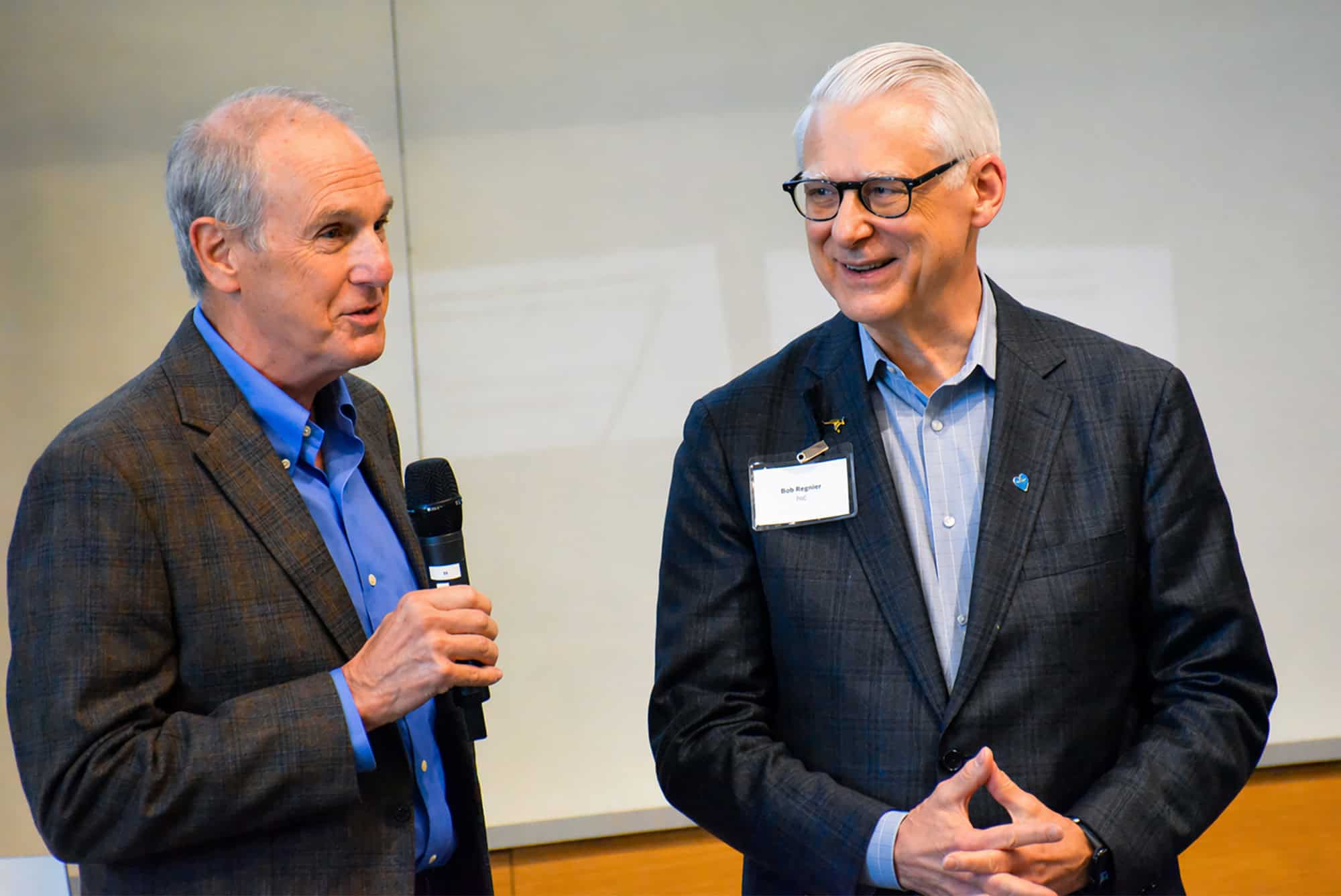 Tom Bloch, representing the Marion and Henry Bloch Family Foundation, and Bob Regnier, the public face of the Regnier Family Foundation, announce a $3 million gift to UMKC's Regnier Institute; photo by Taylor Wilmore, Startland News