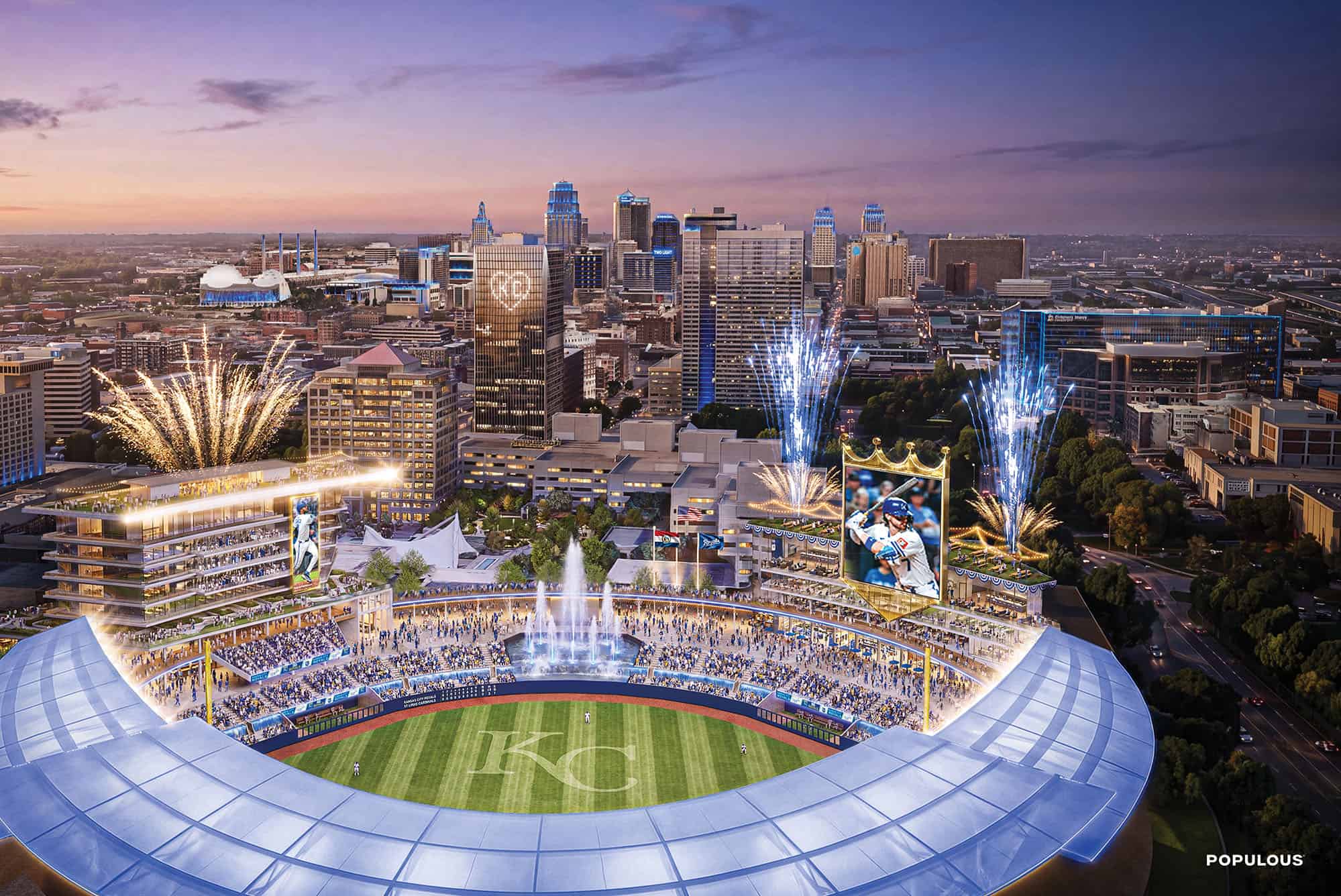 A ballpark rendering placing the Royals' stadium at Crown Center shows a new vision for a downtown ballpark district and Kansas City's skyline; rendering courtesy of Populous