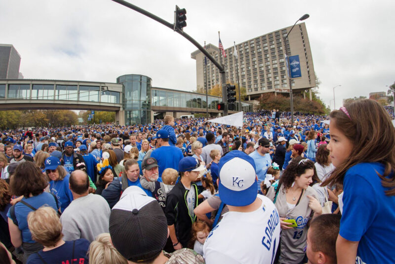 Royals fans celebrate outside Union Station, looking east toward Crown Center and Washington Square Park, in November 2015 after the Kansas City team won the World Series; photo by Bobby Burch, Startland News