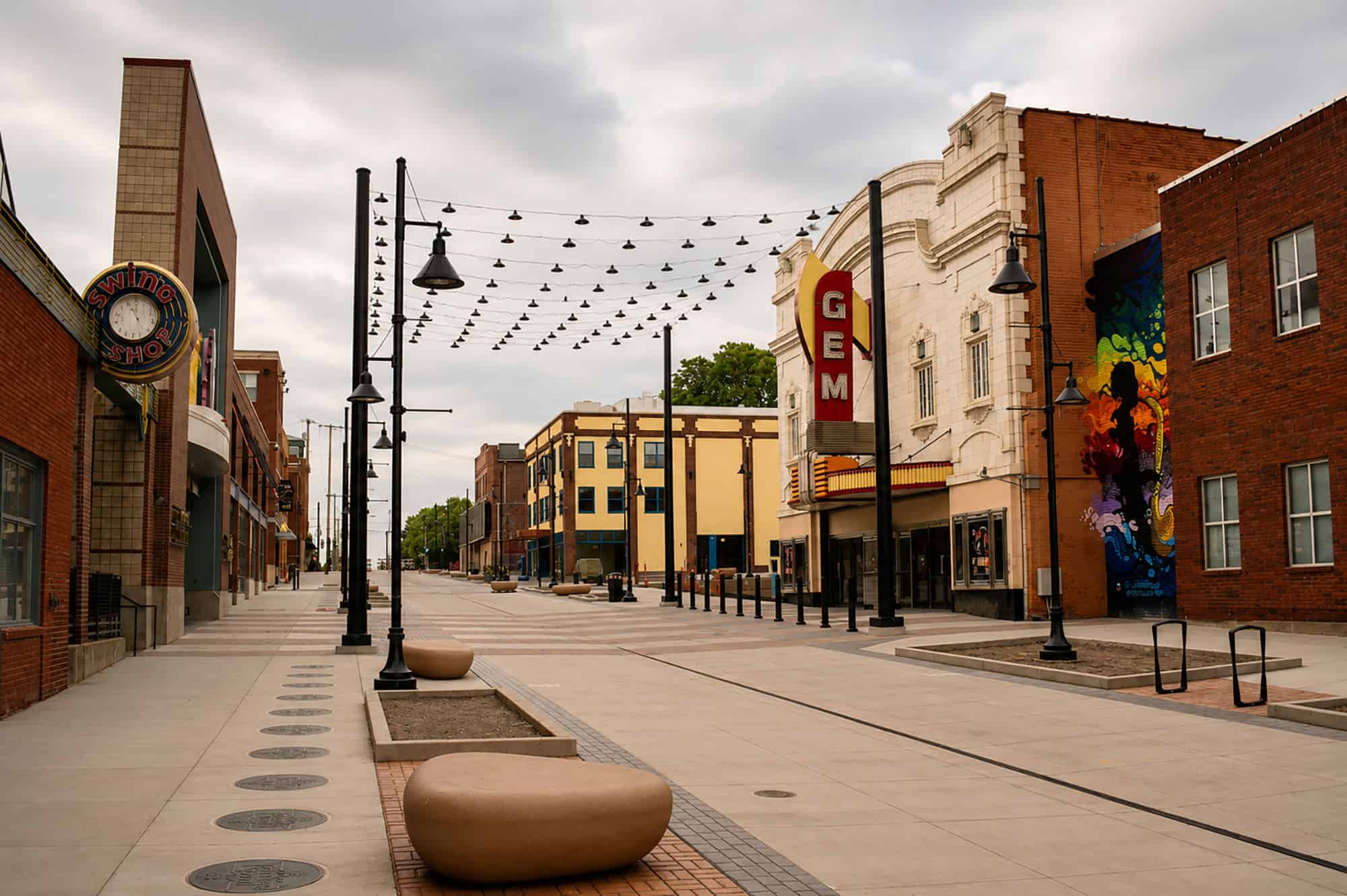 The Boone Theater, center, sits alongside the GEM Theater in Kansas City's 18th and Vine historic jazz district, amid a sprawling neighborhood-wide overhaul; photo by Tommy Felts, Startland News