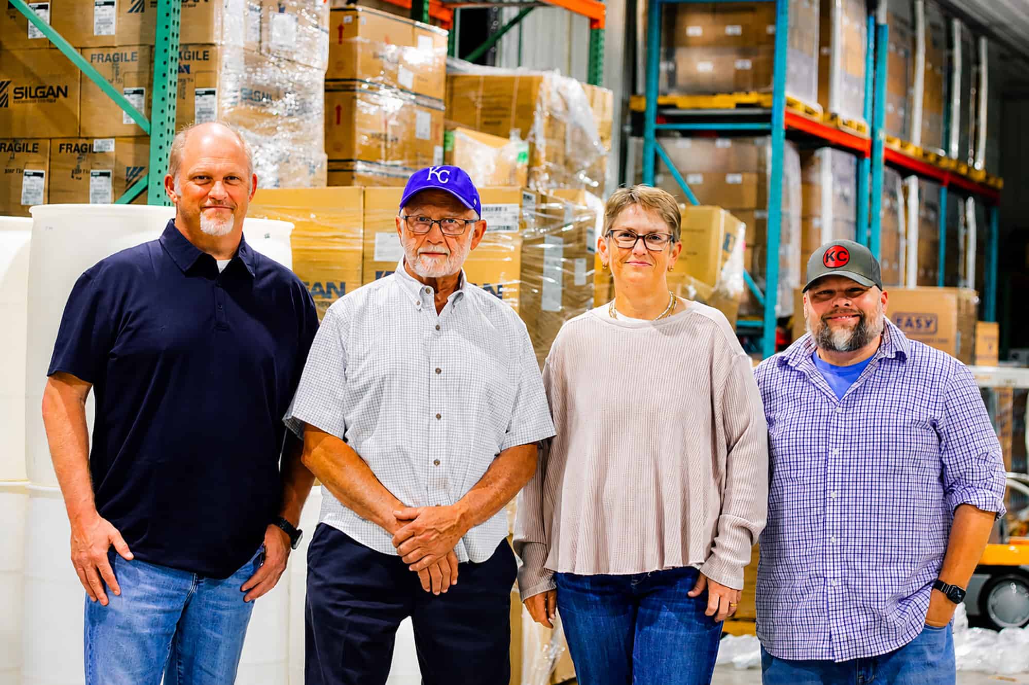 Odorcide family leadership: Andy McGuire, Mike McGuire, Erin Hart, and Jared Hart, at the company's Smithville, Missouri, headquarters; photo by Nikki Overfelt Chifalu, Startland News