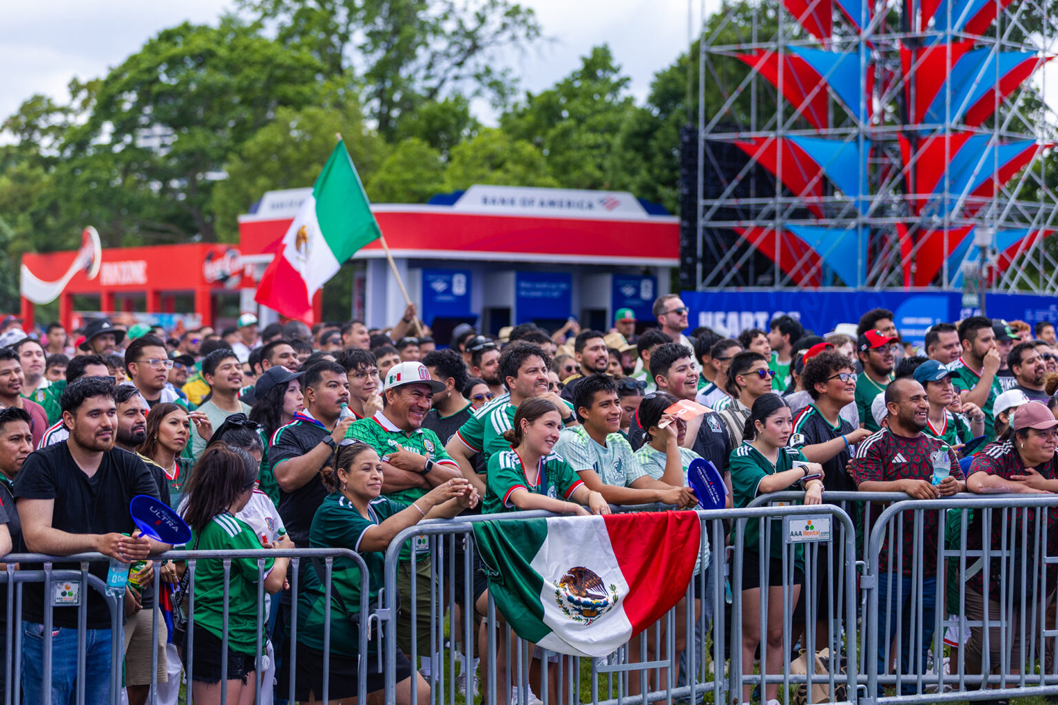 Team Mexico fans line barricades around the stage for the opening day of FIFA Fan Festival in Kansas City; photo courtesy of KC2026