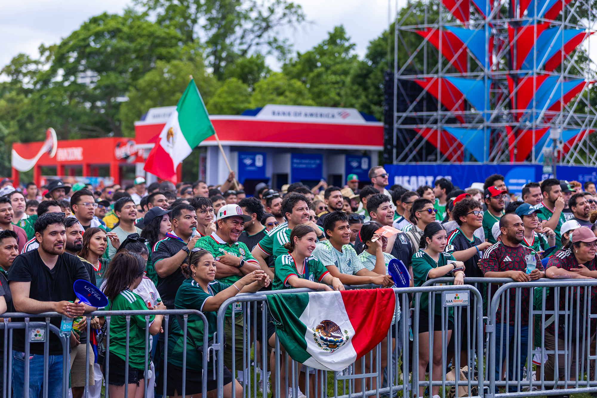 Team Mexico fans line barricades around the stage for the opening day of FIFA Fan Festival in Kansas City; photo courtesy of KC2026