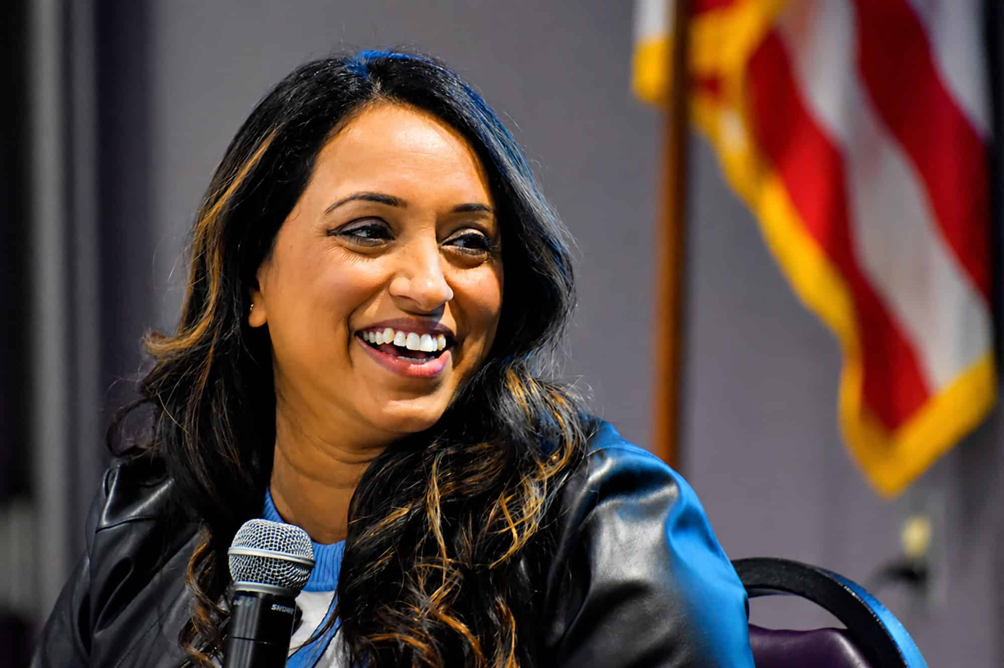Neelima Parasker, founder of SnapIT Solutions, speaks in October 2024 at Avila University during a founder panel organized by Startland News; photo by Tommy Felts, Startland News