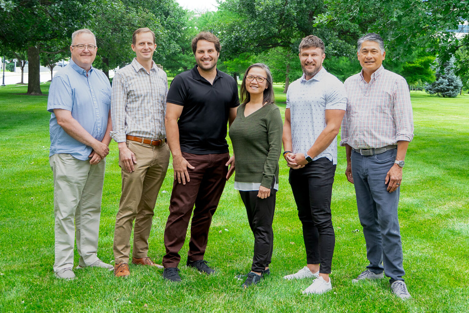 Q2 2026 Digital Sandbox awardees: Bruce Benteman, Animal Deterrent Solutions; Paul Epps, VOISS; Thaddeus Diamond, Magis; Tricia Nguyen, CredentialMate; Troy Kranendonk, BoxTeller; and Sunti Wathanacharoen, MedRevRx; photo courtesy of the UMKC Innovation Center
