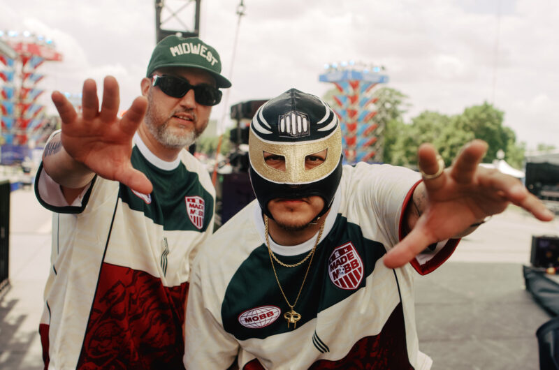 Sin Tope — the duo of Juan Carlos Chaurand of the Grammy-nominated Afro-Latin rock band Making Movies and Kansas City creative FK Menace — pose on stage before their set at FIFA Fan Festival's opening day; photo by Frank Pham