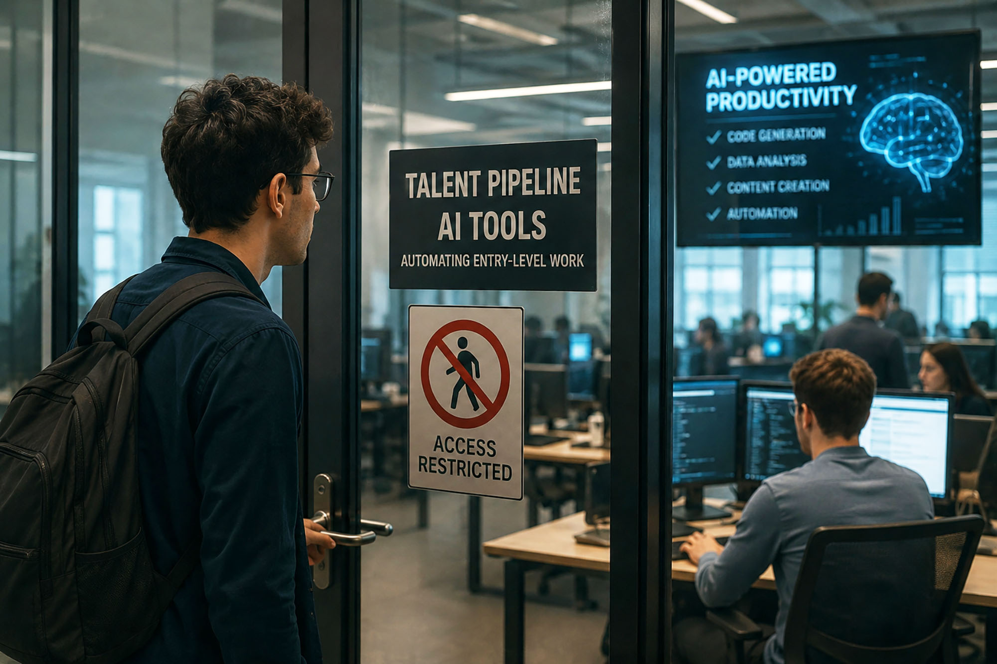 An AI-created rendering depicts an entry level tech worker restricted from the tech workforce