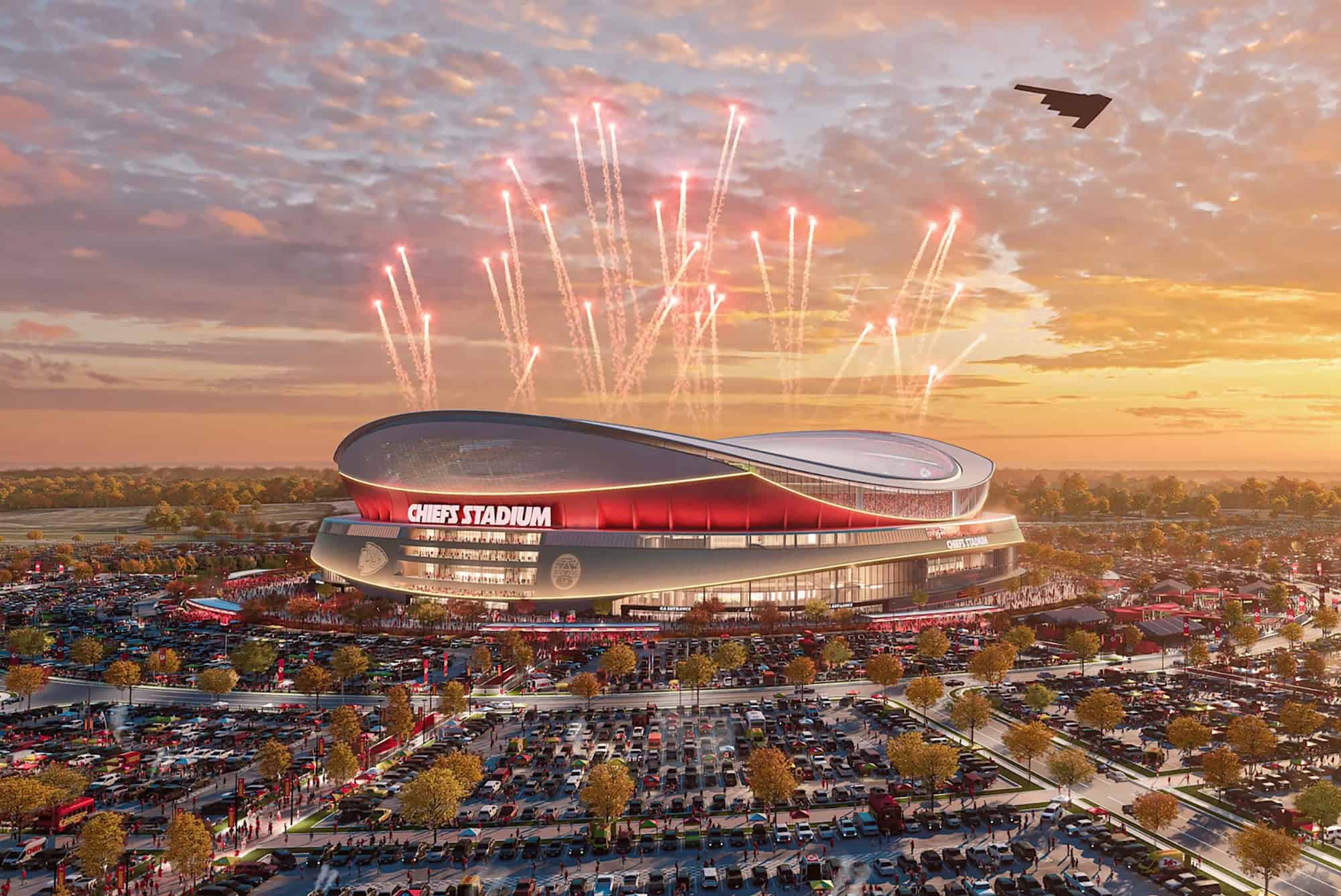 A just-released MANICA rendering shows a new Chiefs stadium in Kansas City, Kansas, that echoes the iconic silhouette of Arrowhead Stadium; rendering courtesy of the Kansas City Chiefs