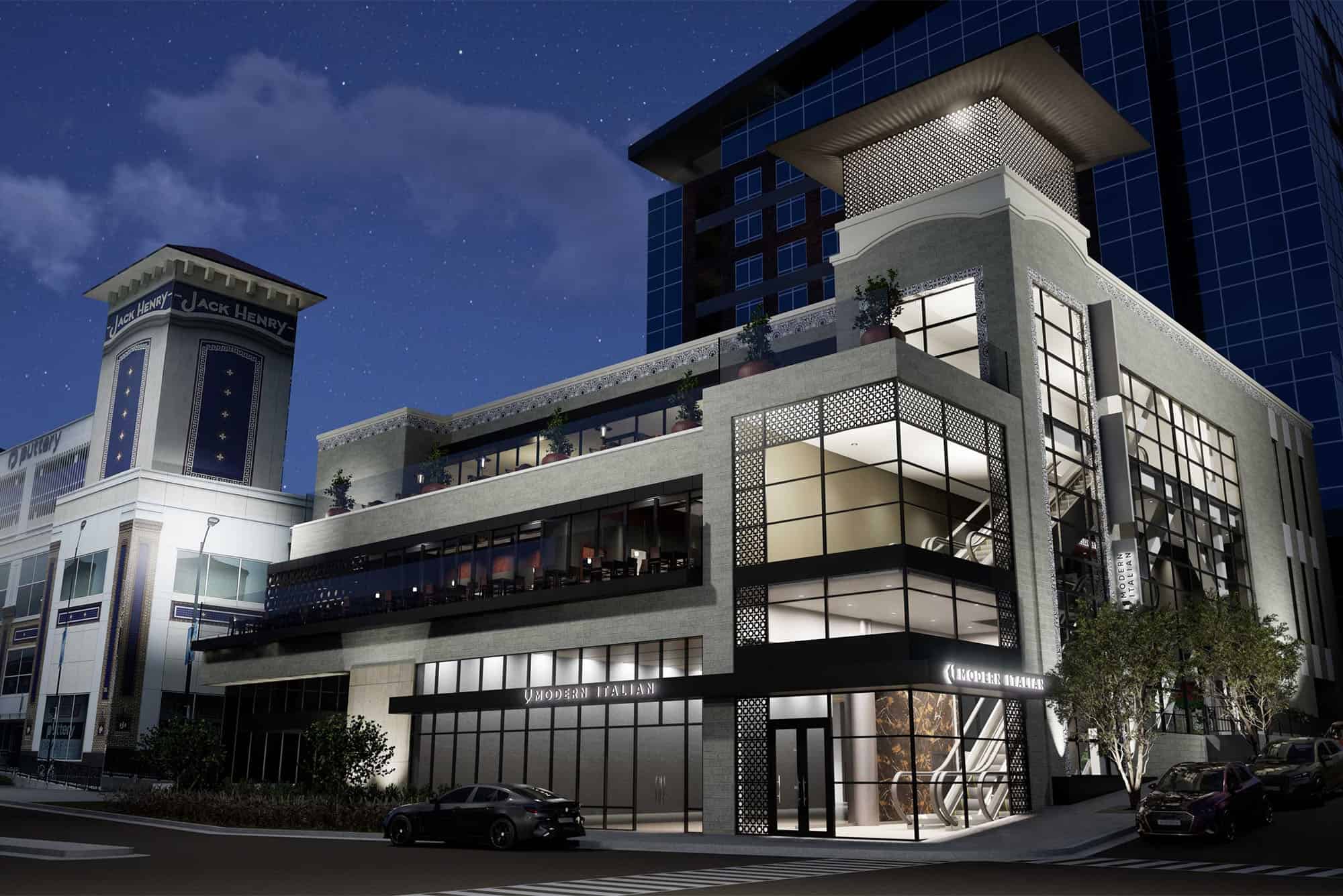 A rendering shows the V Modern Italian restaurant planned for the Cocina 47 development on the Country Club Plaza; image courtesy of Drake Development