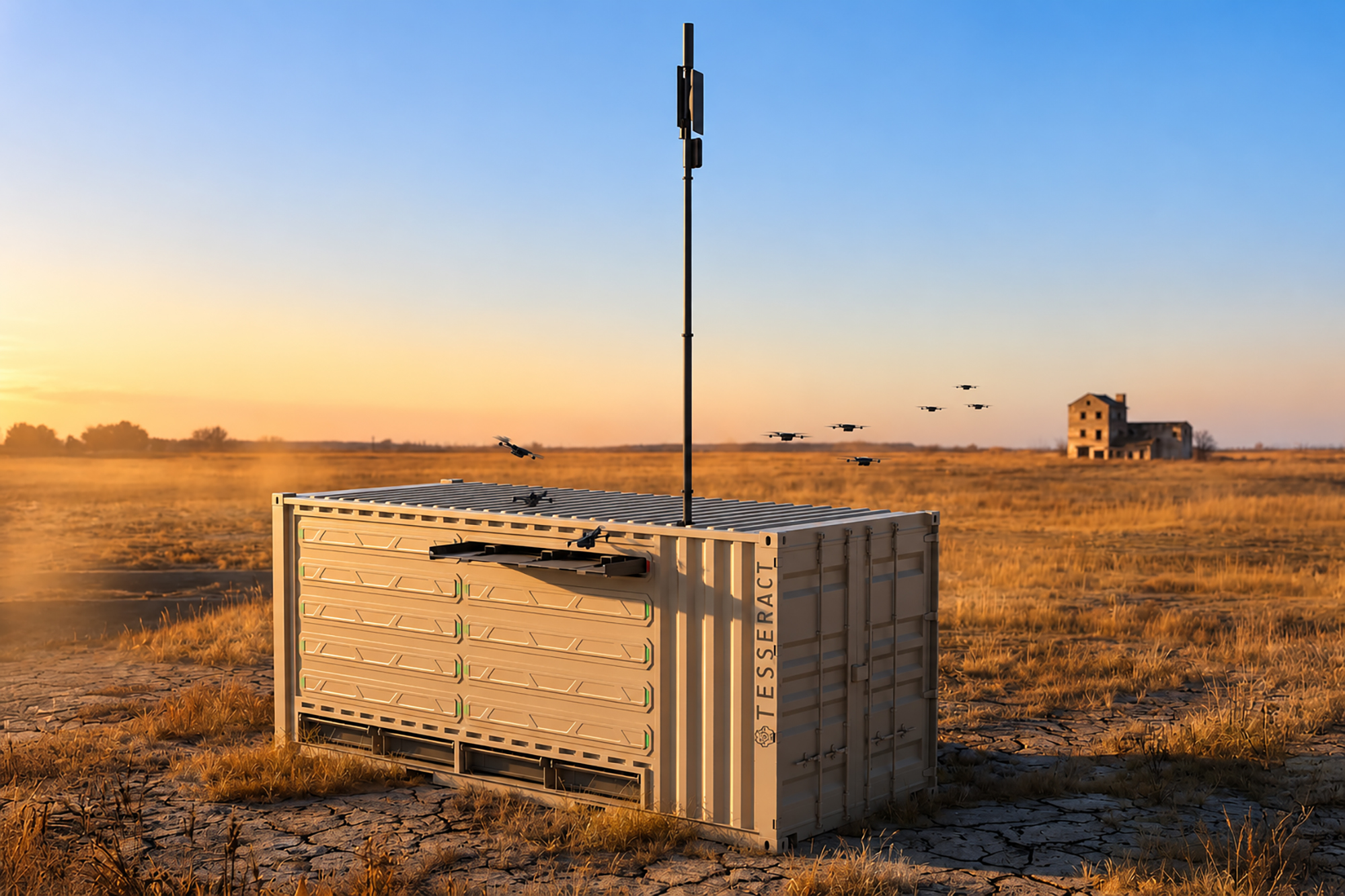 The Tesseract NOMAD is a mobile, containerized platform that deploys and manages large drone fleets across air, land, and sea using onboard intelligence and secure real-time data sharing; courtesy image