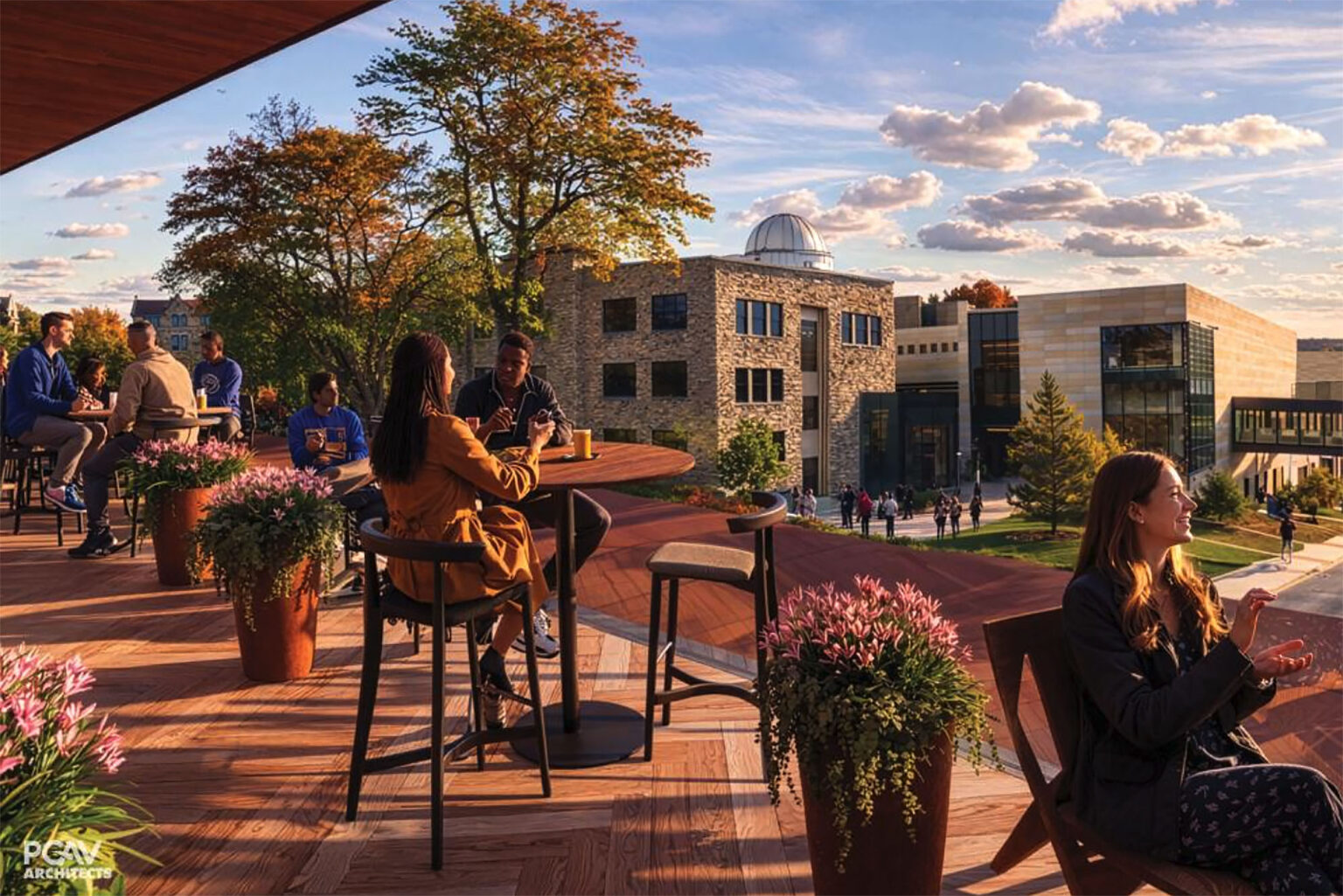 A rendering of  students outside KU's The Hub, planned for a fall 2027 opening at 1420 Crescent Road at the University of Kansas in Lawrence; rendering courtesy of KU