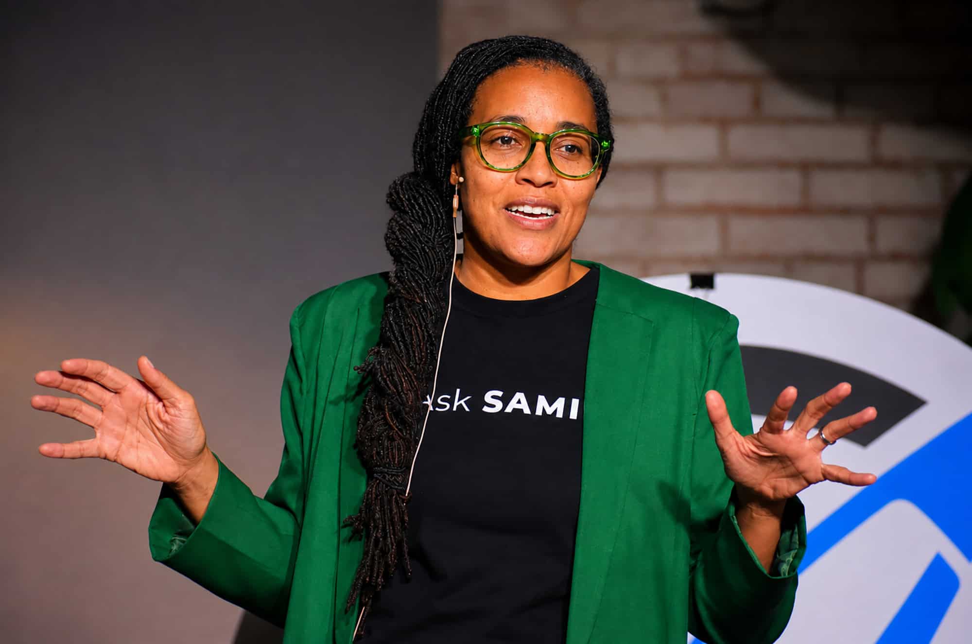 Dr. Brandy Archie, founder of AskSAMIE, delivers a pitch for her startup during a LaunchKC celebration in November 2025; photo by Tommy Felts, Startland News