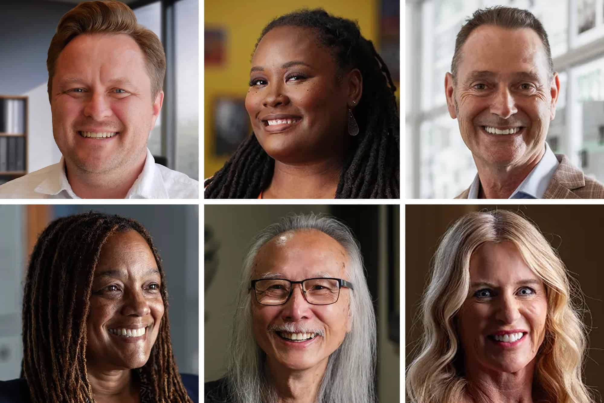 Kauffman Uncommon Leader Visionary Award finalists: Brennan Crawford, executive director and CEO, Build Wyco; Alana Henry, executive director, Ivanhoe Neighborhood Association; Micheal Lawrence, CEO, Big Brothers Big Sisters of KC; Tysie McDowell, co-founder and superintendent, Crossroads Charter Schools, Inc.; Kar Woo, founder and program director, Artists Helping the Homeless; Heidi Wooten, president and CEO, Safehome; photos courtesy of the Ewing Marion Kauffman Foundation