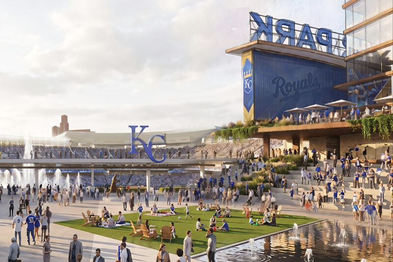 A rendering of the outfield plaza at the future of Royals stadium at Crown Center; rendering courtesy of Populous
