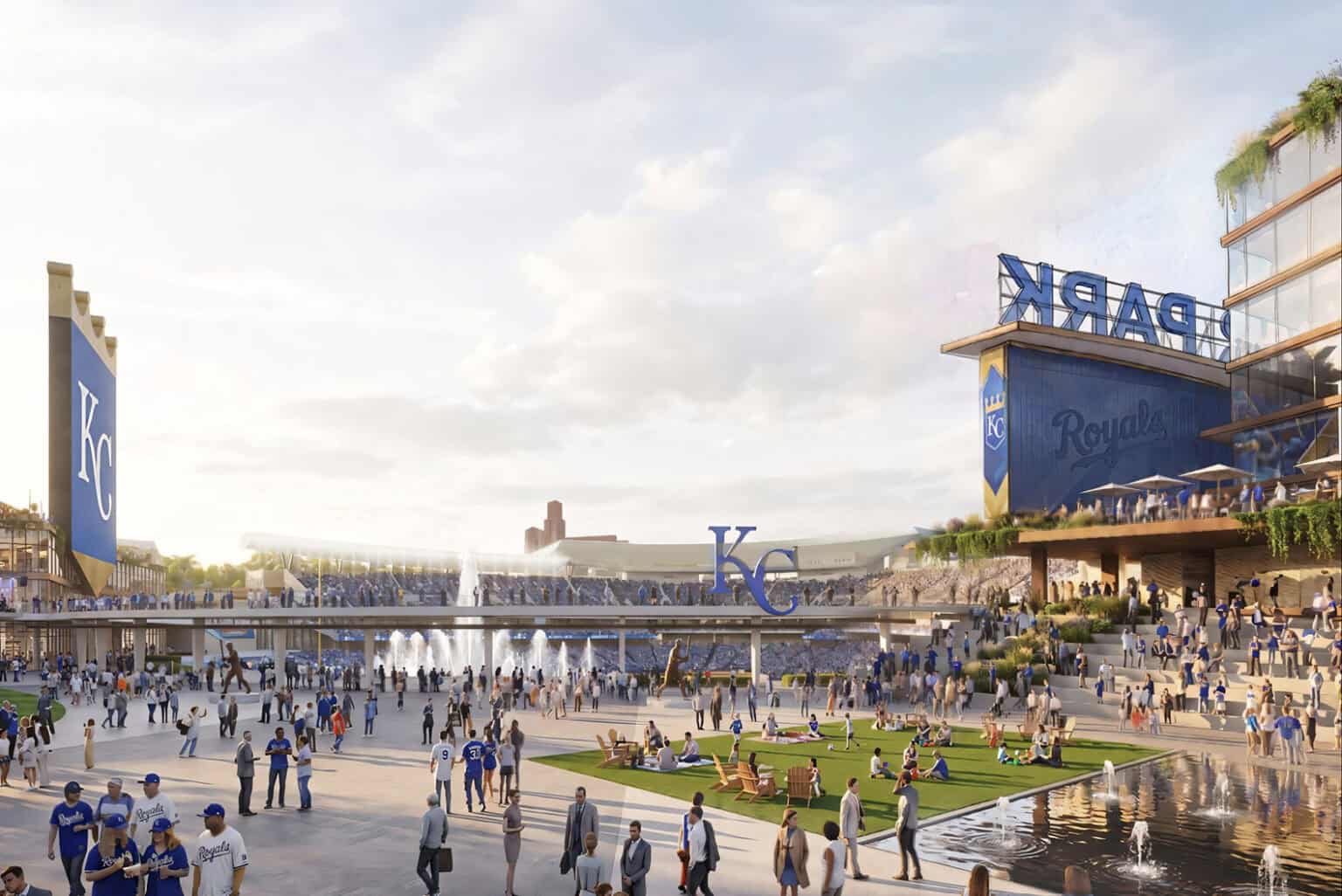 A rendering of the outfield plaza at the future of Royals stadium at Crown Center; rendering courtesy of Populous
